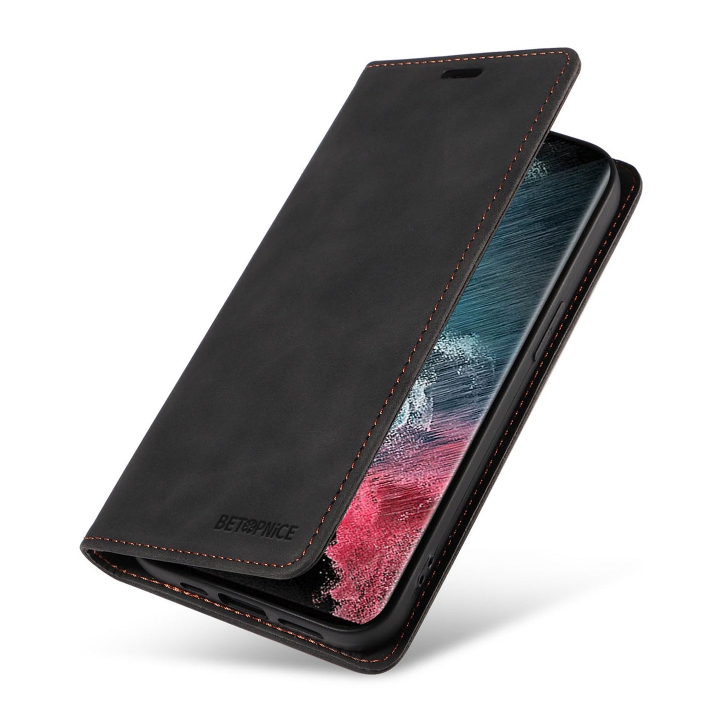 Uniqkart 003 For Samsung Galaxy S22 Ultra 5G RFID Blocking Bump Proof Phone Wallet Leather Stand Case - Black