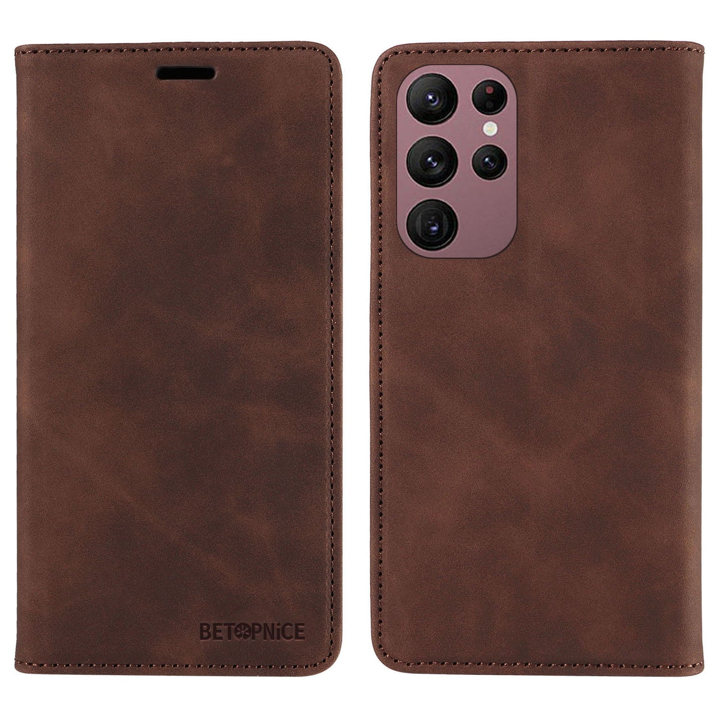 Uniqkart 003 For Samsung Galaxy S22 Ultra 5G RFID Blocking Bump Proof Phone Wallet Leather Stand Case - Brown