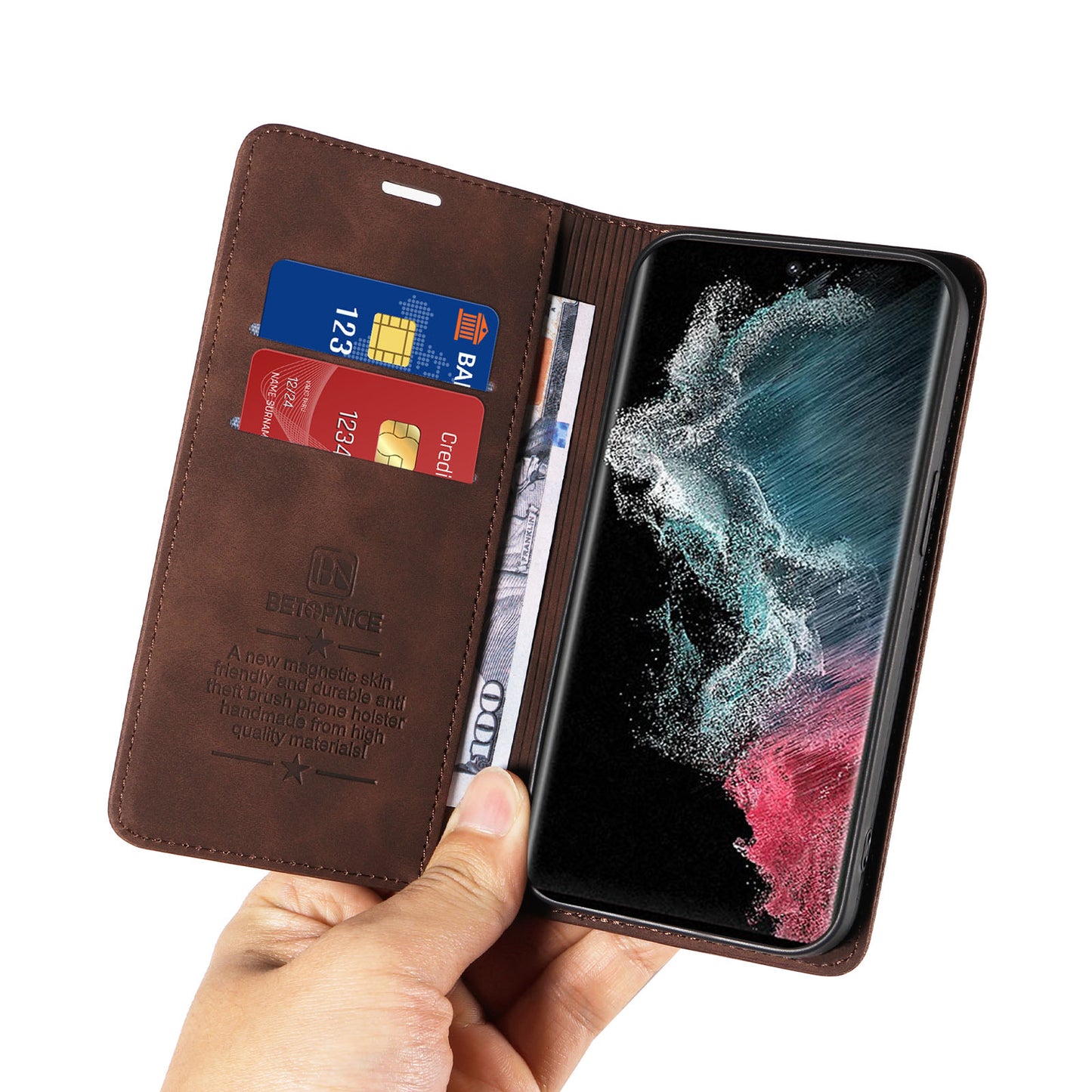 Uniqkart 003 For Samsung Galaxy S22 Ultra 5G RFID Blocking Bump Proof Phone Wallet Leather Stand Case - Brown