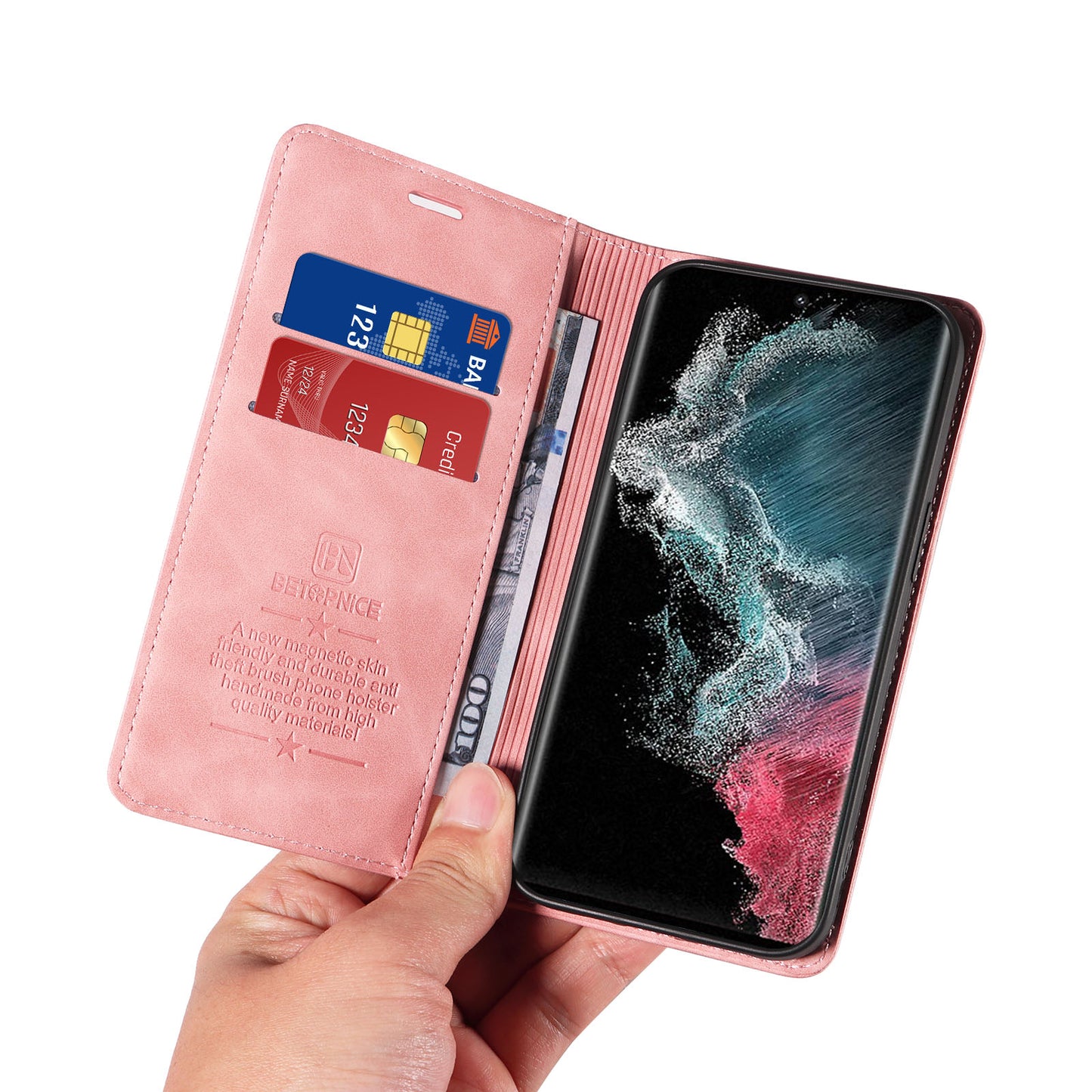 Uniqkart 003 For Samsung Galaxy S22 Ultra 5G RFID Blocking Bump Proof Phone Wallet Leather Stand Case - Pink