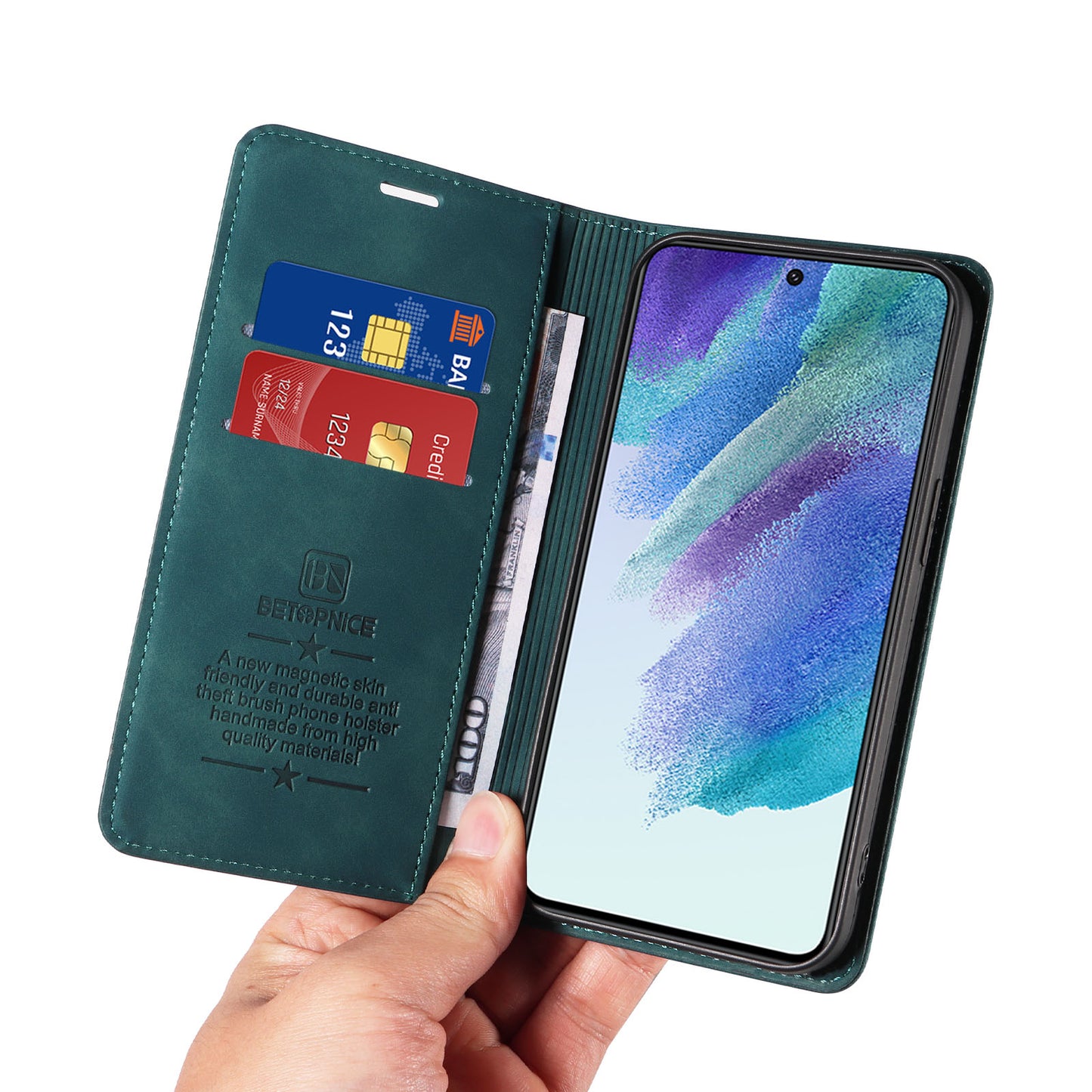 Uniqkart 003 For Samsung Galaxy S22+ 5G Anti-collision RFID Blocking Phone Wallet Leather Stand Case - Green