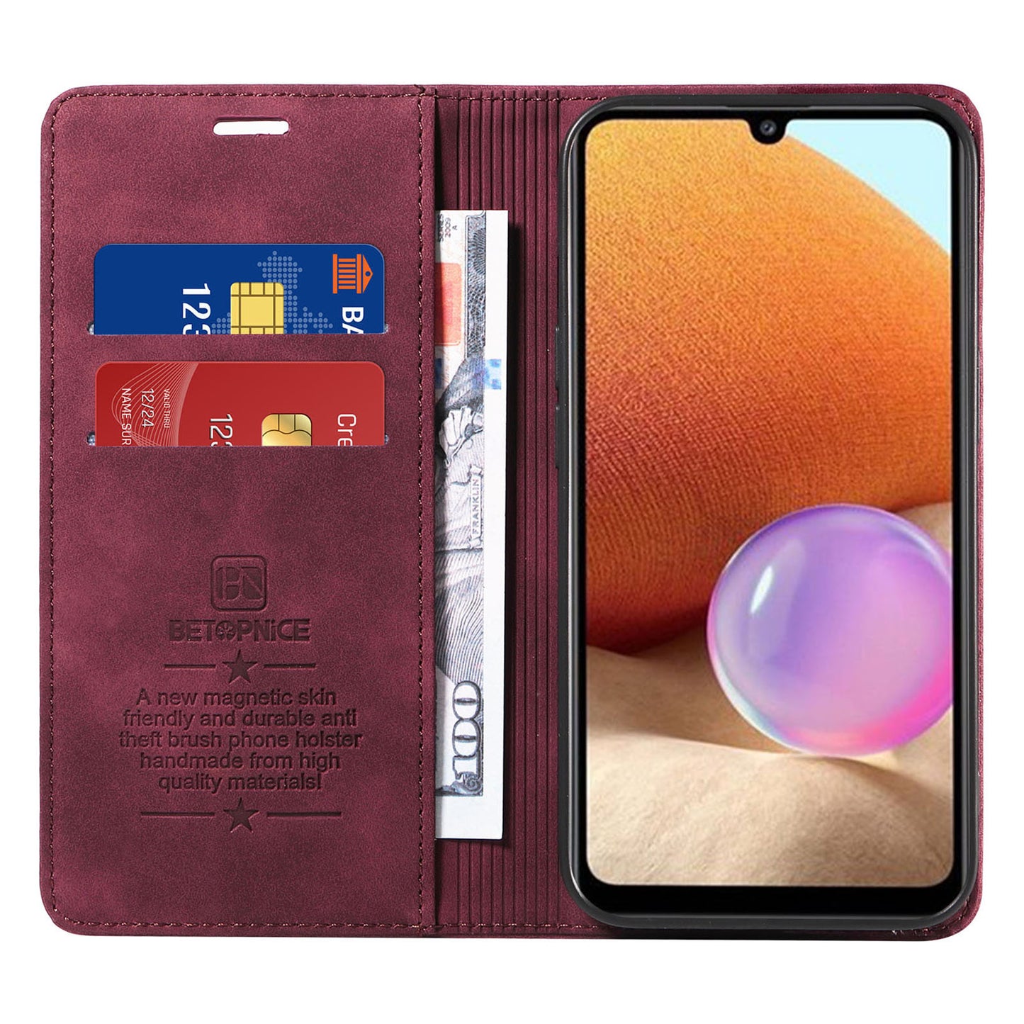 Uniqkart 003 Phone Cover for Samsung Galaxy A32 4G (EU Version) RFID Blocking Wallet Leather Stand Case - Red