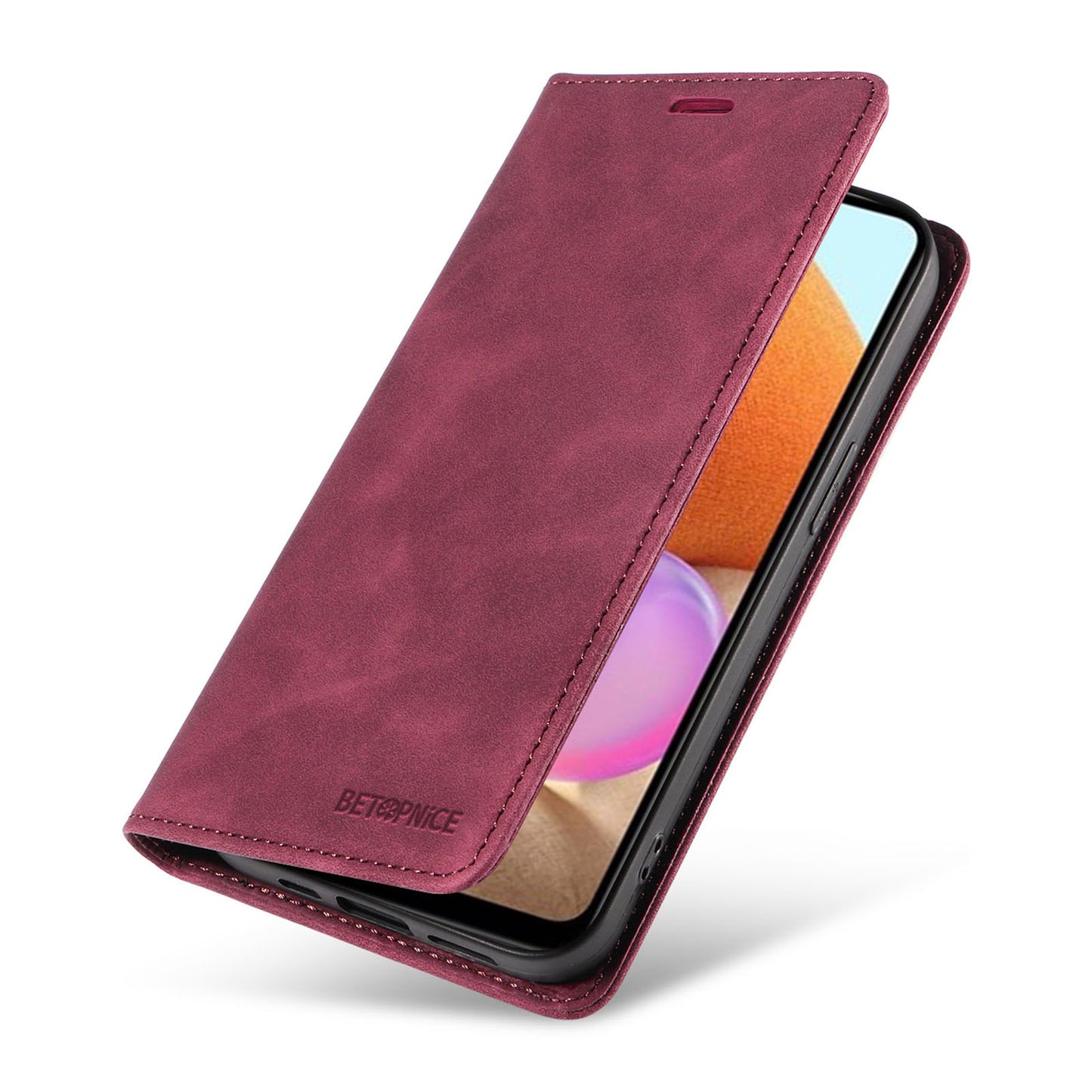 Uniqkart 003 Phone Cover for Samsung Galaxy A32 4G (EU Version) RFID Blocking Wallet Leather Stand Case - Red