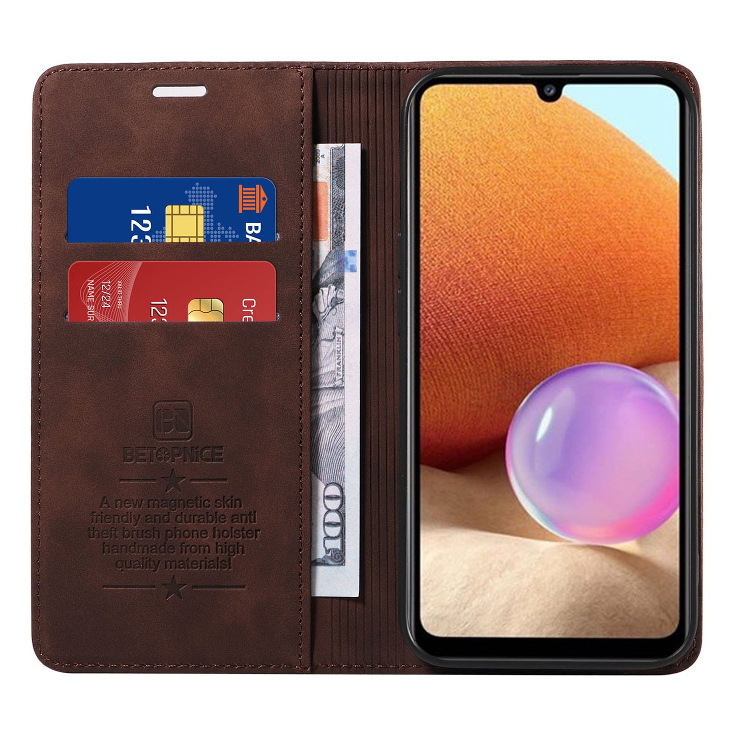 Uniqkart 003 Phone Cover for Samsung Galaxy A32 4G (EU Version) RFID Blocking Wallet Leather Stand Case - Brown
