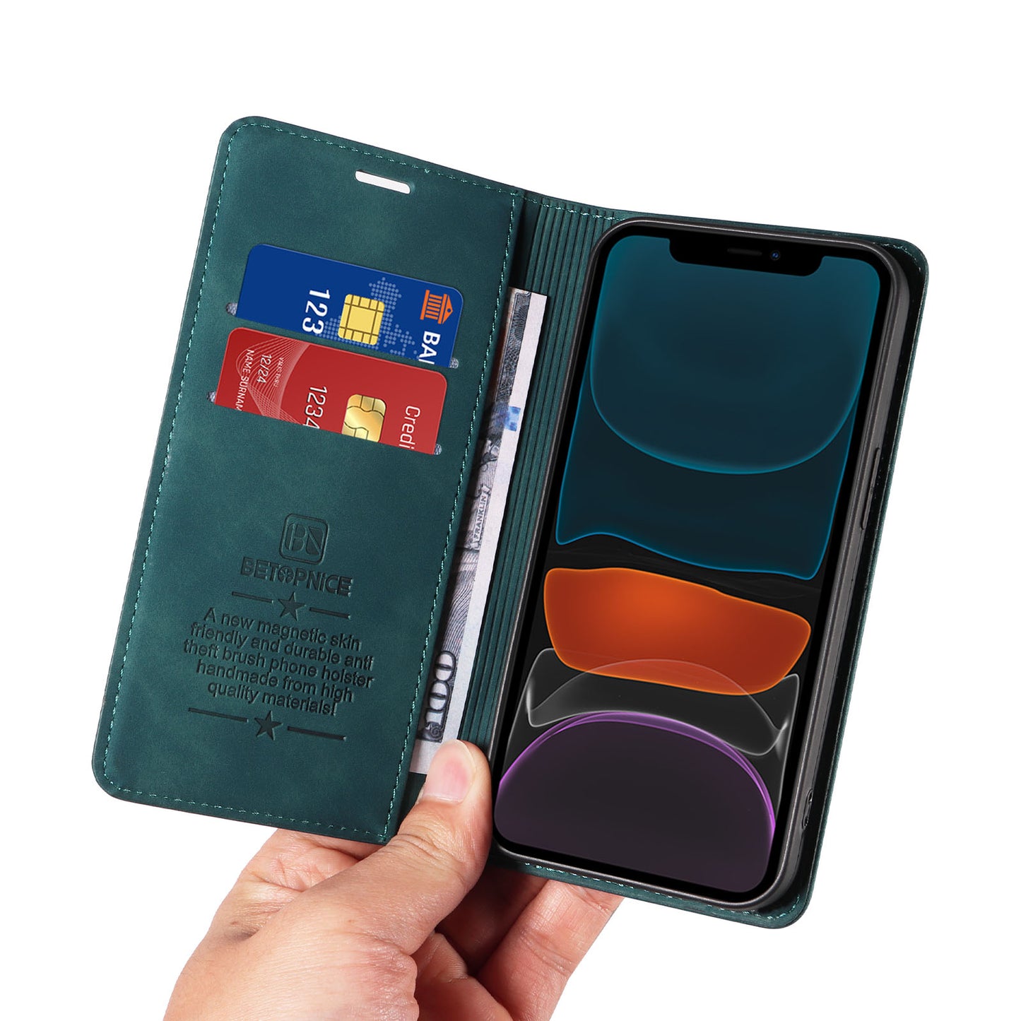 Uniqkart 003 For iPhone 12 / 12 Pro 6.1 inch Cell Phone Cover Wallet Leather Stand RFID Blocking Case - Green