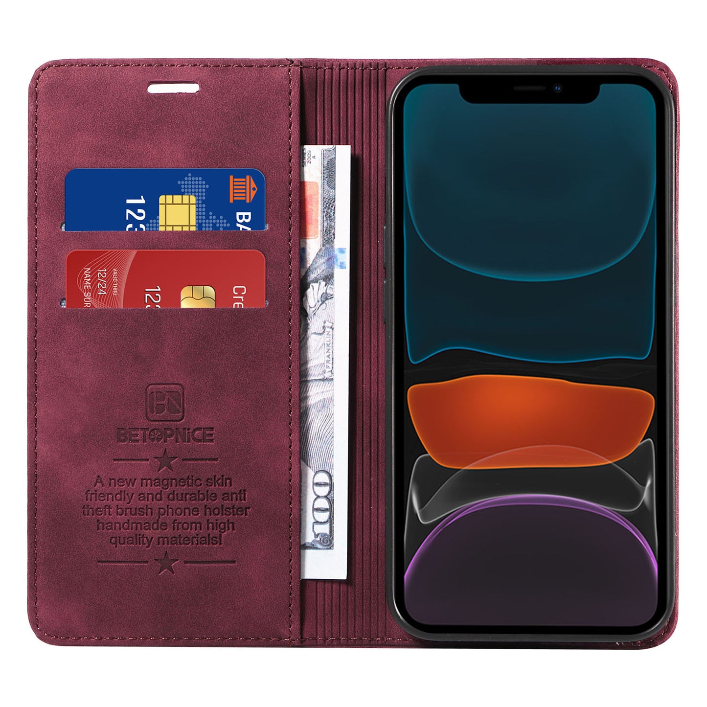 Uniqkart 003 For iPhone 12 / 12 Pro 6.1 inch Cell Phone Cover Wallet Leather Stand RFID Blocking Case - Red