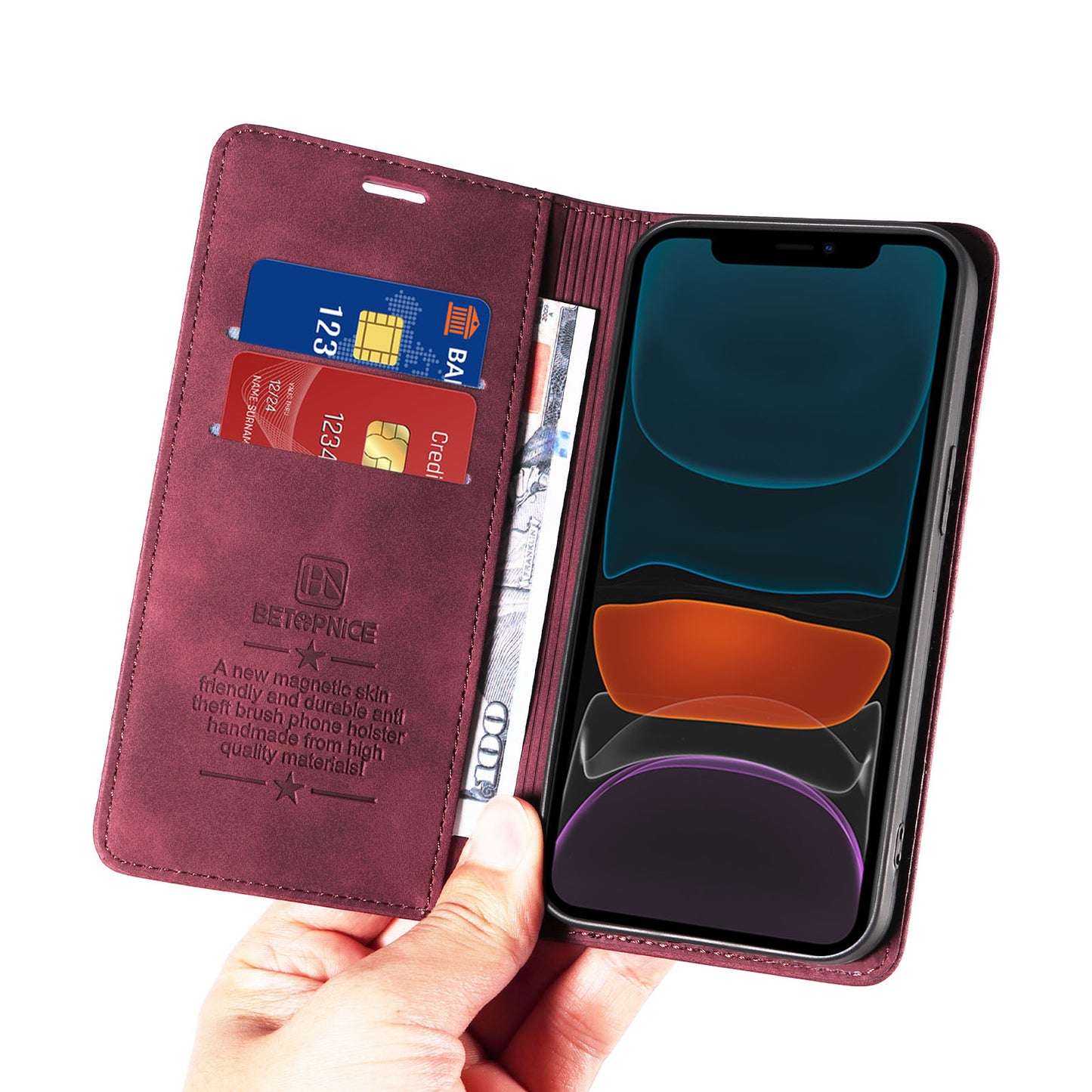 Uniqkart 003 For iPhone 12 / 12 Pro 6.1 inch Cell Phone Cover Wallet Leather Stand RFID Blocking Case - Red