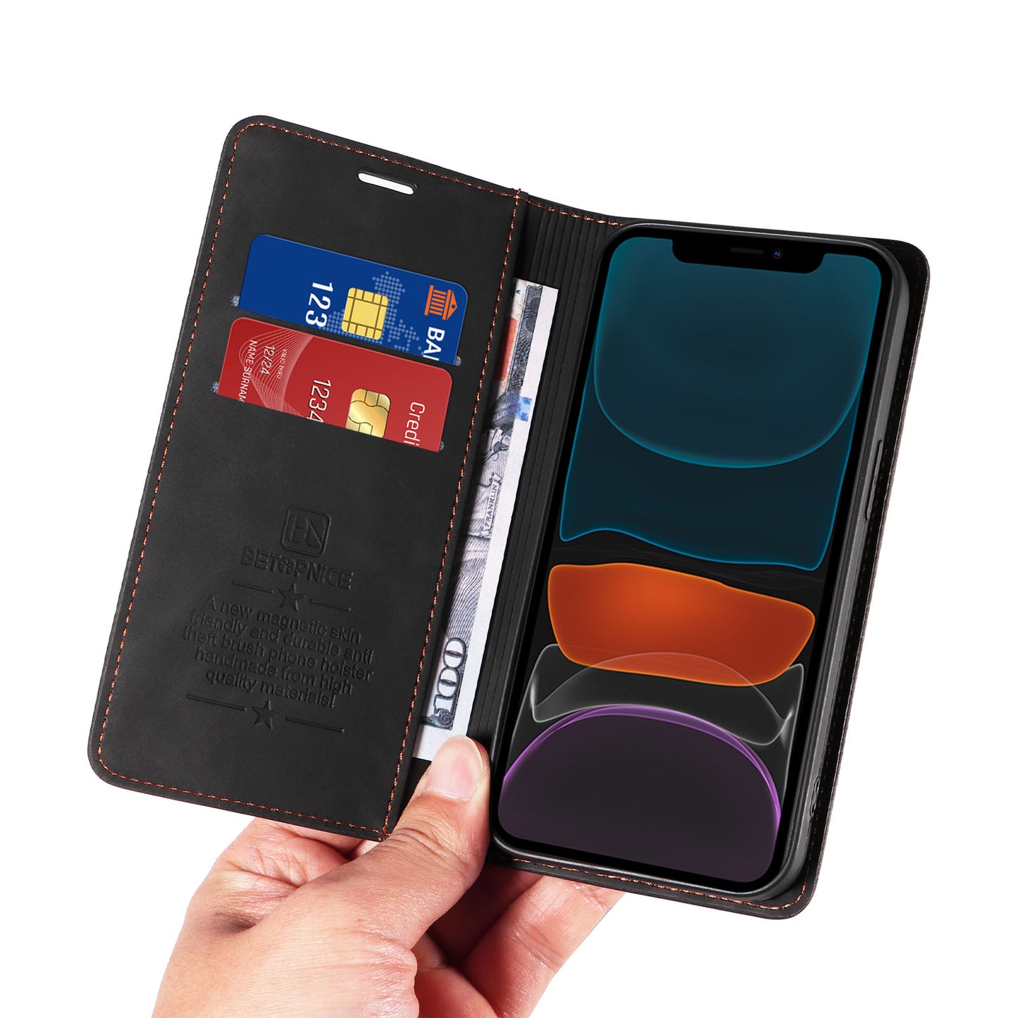 Uniqkart 003 For iPhone 12 / 12 Pro 6.1 inch Cell Phone Cover Wallet Leather Stand RFID Blocking Case - Black