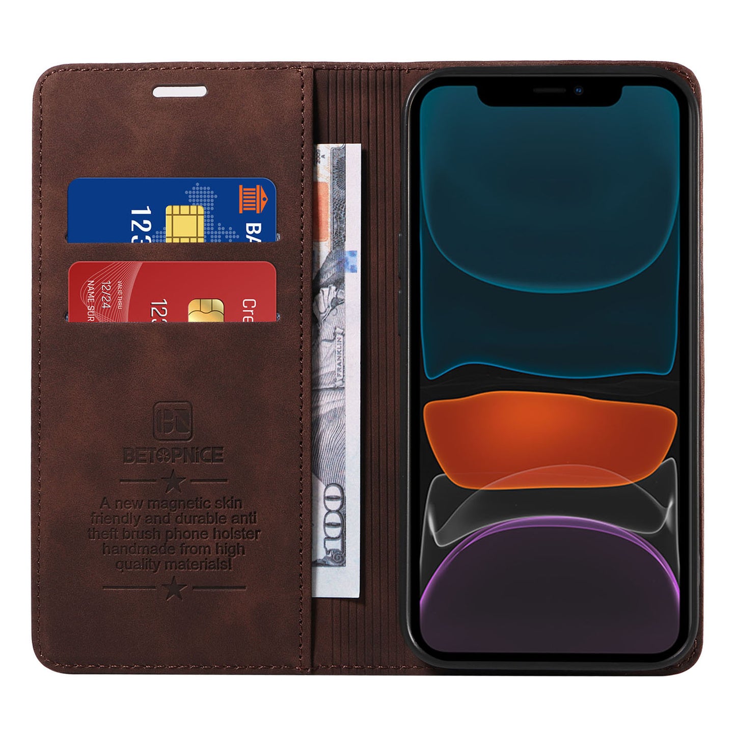 Uniqkart 003 For iPhone 12 / 12 Pro 6.1 inch Cell Phone Cover Wallet Leather Stand RFID Blocking Case - Brown