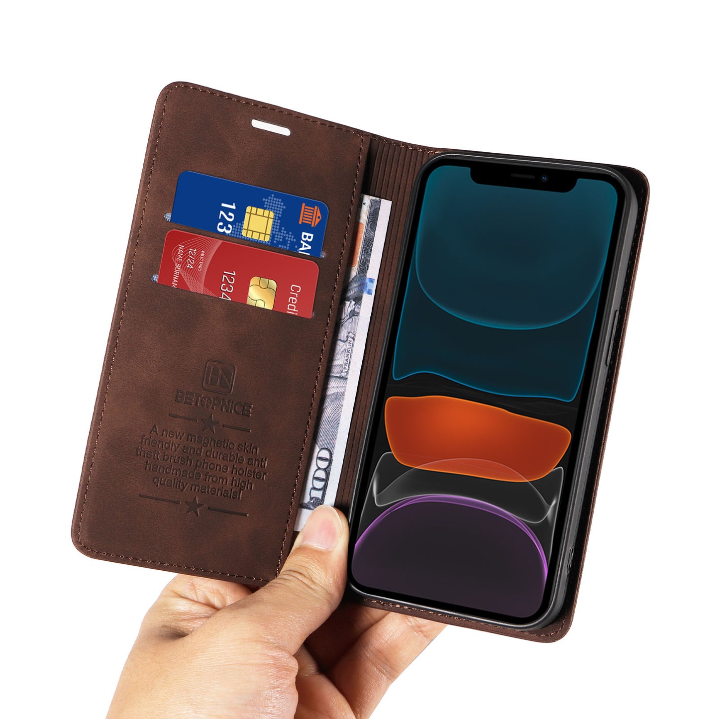 Uniqkart 003 For iPhone 12 / 12 Pro 6.1 inch Cell Phone Cover Wallet Leather Stand RFID Blocking Case - Brown