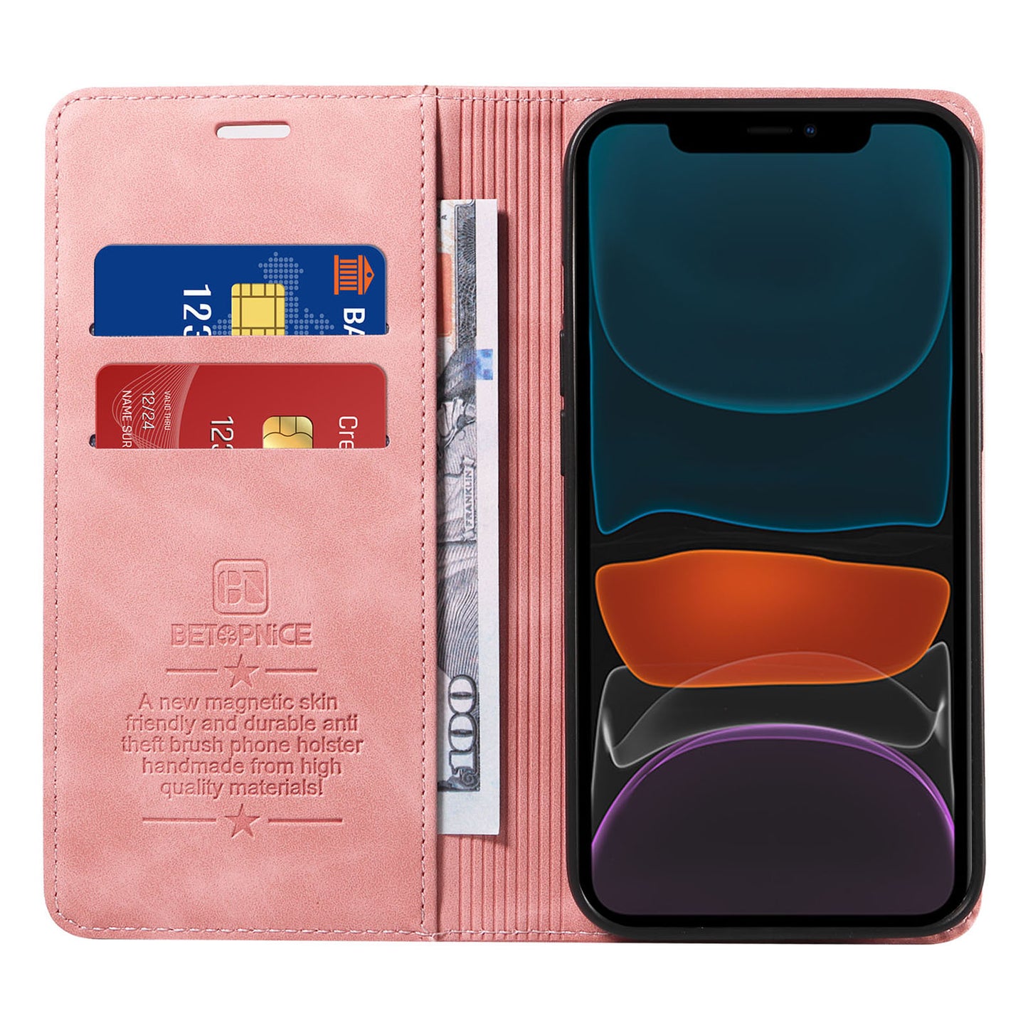 Uniqkart 003 For iPhone 12 / 12 Pro 6.1 inch Cell Phone Cover Wallet Leather Stand RFID Blocking Case - Pink