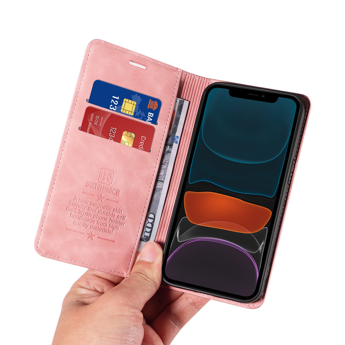 Uniqkart 003 For iPhone 12 / 12 Pro 6.1 inch Cell Phone Cover Wallet Leather Stand RFID Blocking Case - Pink
