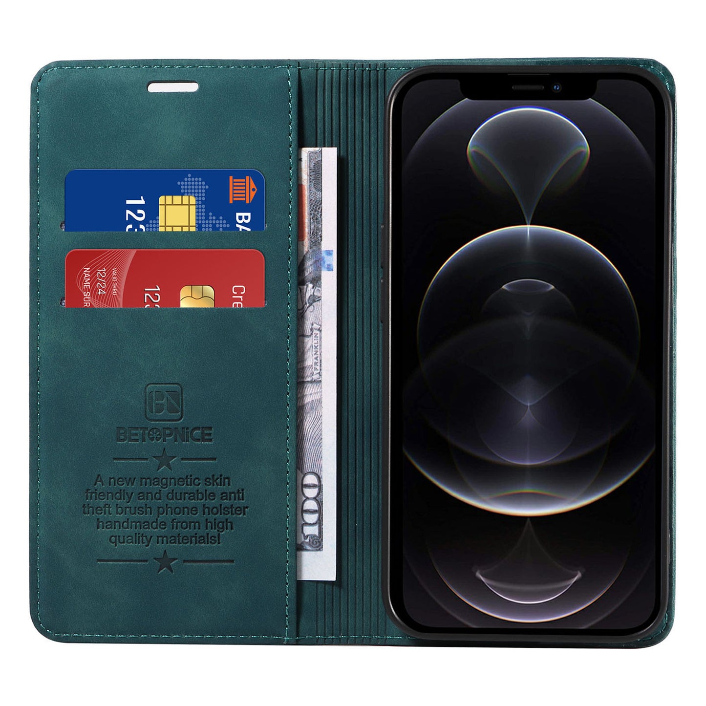 Uniqkart 003 For iPhone 12 Pro Max 6.7 inch Anti-scratch Phone Cover Wallet Leather Stand RFID Blocking Case - Green