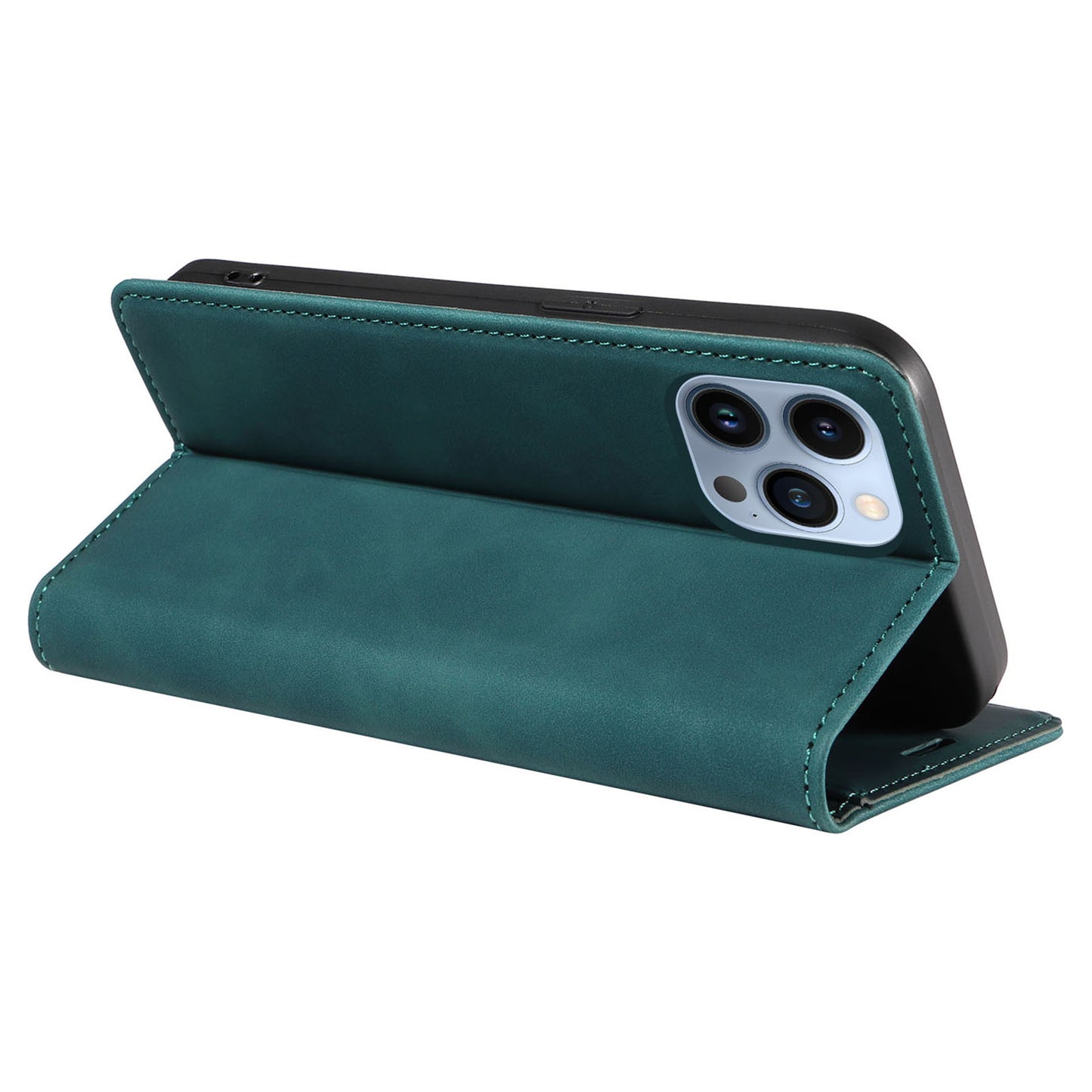 Uniqkart 003 For iPhone 12 Pro Max 6.7 inch Anti-scratch Phone Cover Wallet Leather Stand RFID Blocking Case - Green