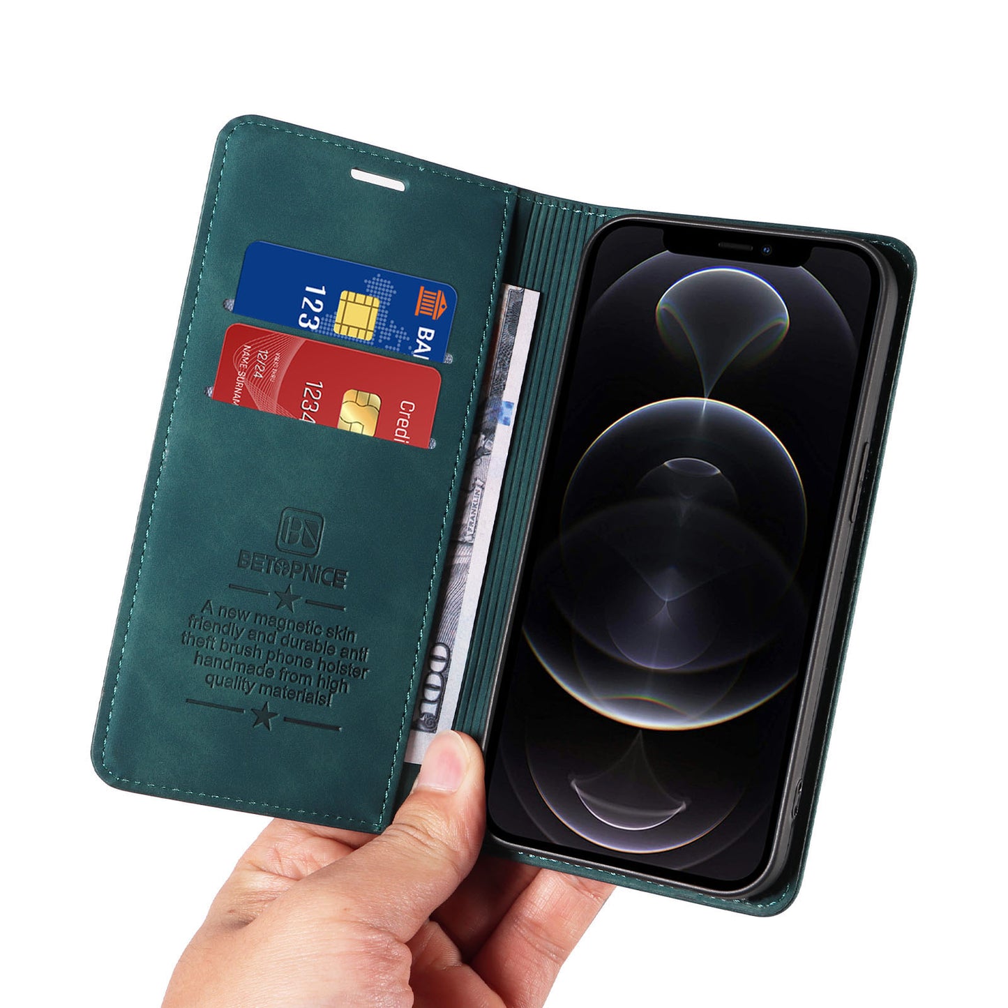 Uniqkart 003 For iPhone 12 Pro Max 6.7 inch Anti-scratch Phone Cover Wallet Leather Stand RFID Blocking Case - Green
