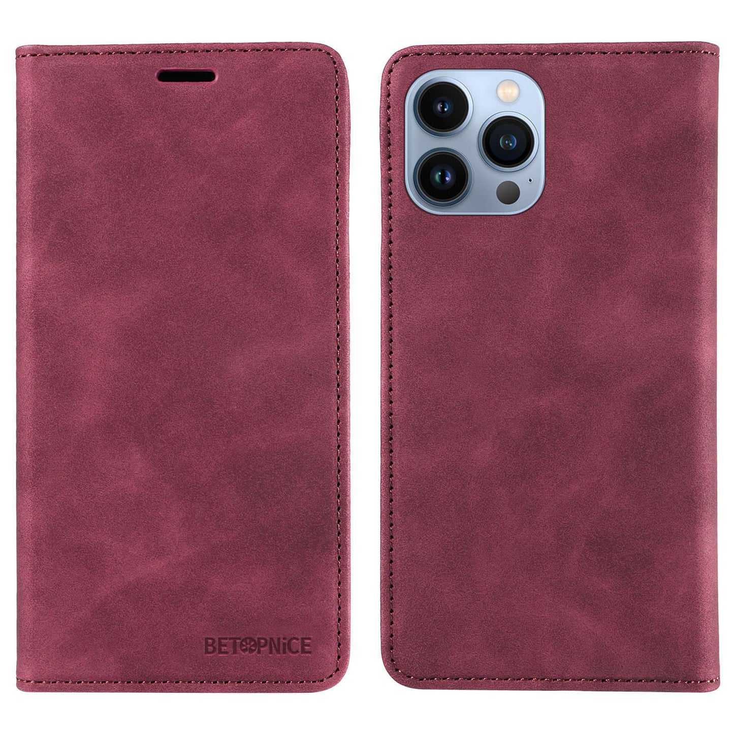 Uniqkart 003 For iPhone 12 Pro Max 6.7 inch Anti-scratch Phone Cover Wallet Leather Stand RFID Blocking Case - Red