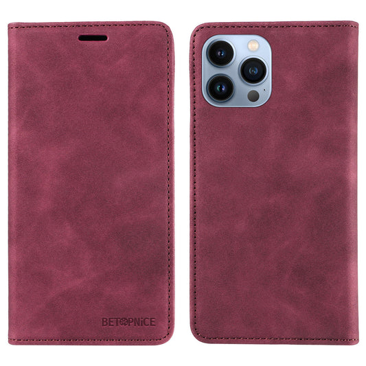 Uniqkart 003 For iPhone 12 Pro Max 6.7 inch Anti-scratch Phone Cover Wallet Leather Stand RFID Blocking Case - Red