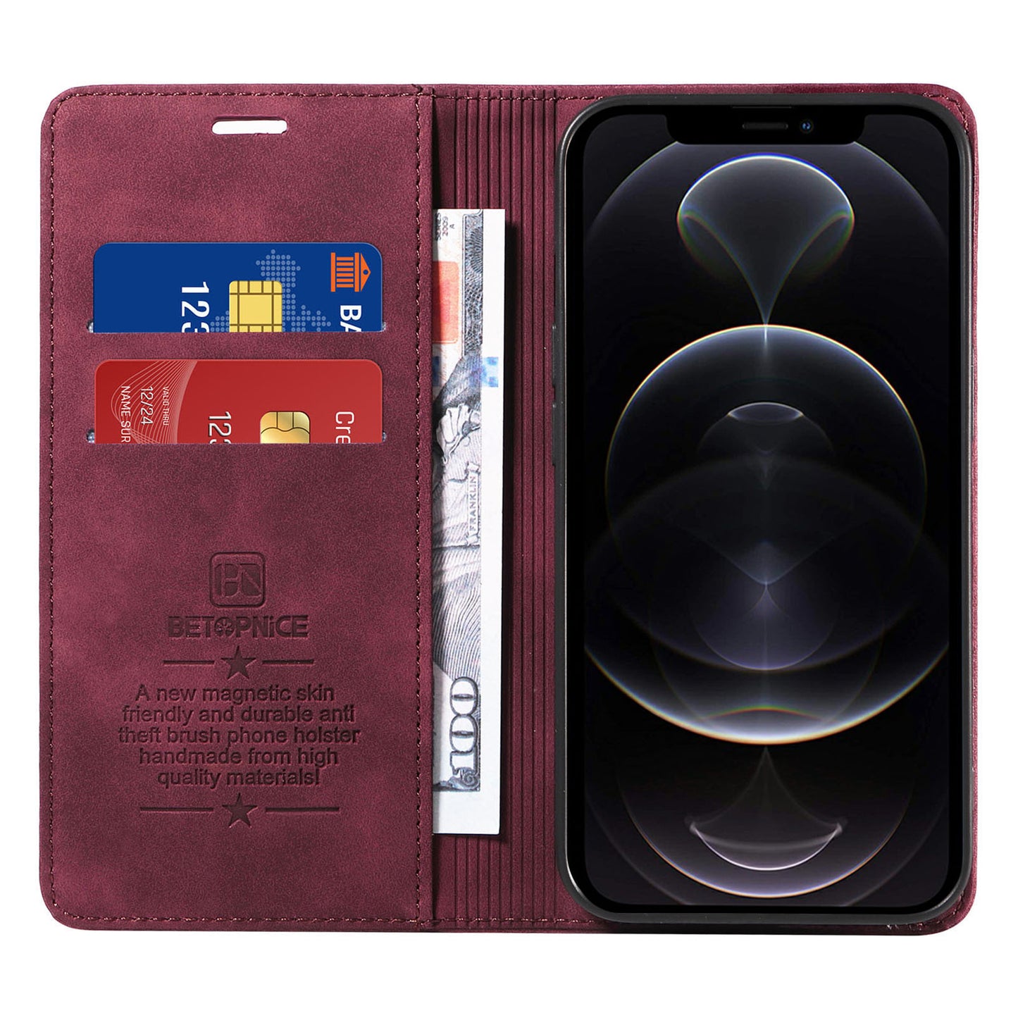 Uniqkart 003 For iPhone 12 Pro Max 6.7 inch Anti-scratch Phone Cover Wallet Leather Stand RFID Blocking Case - Red