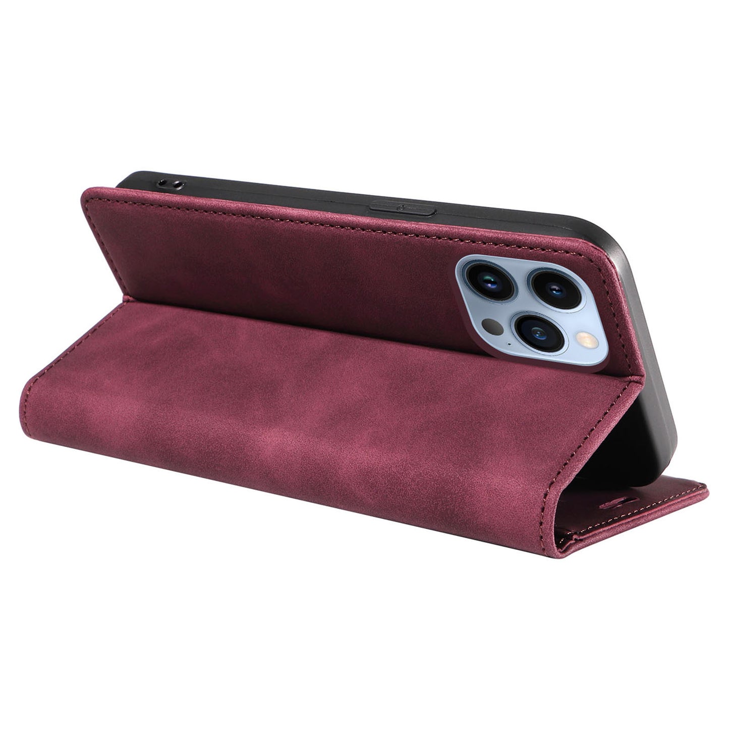 Uniqkart 003 For iPhone 12 Pro Max 6.7 inch Anti-scratch Phone Cover Wallet Leather Stand RFID Blocking Case - Red