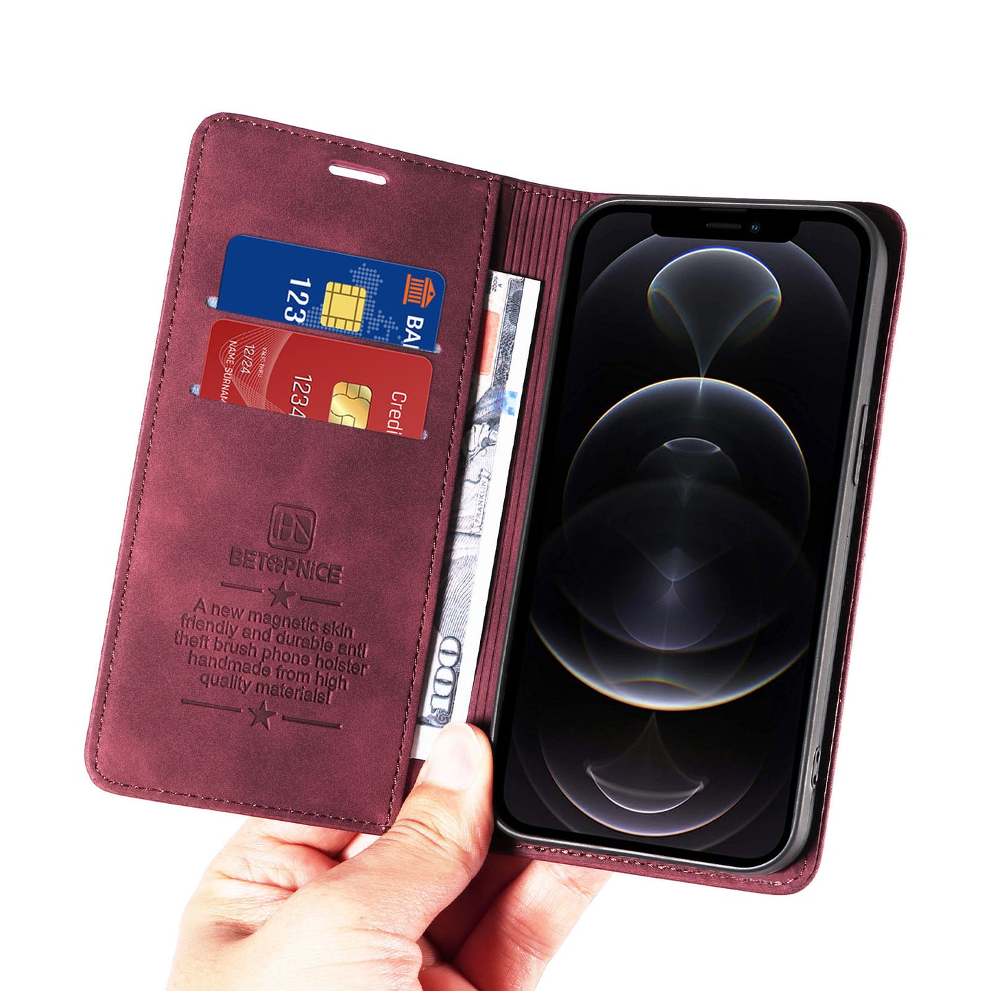 Uniqkart 003 For iPhone 12 Pro Max 6.7 inch Anti-scratch Phone Cover Wallet Leather Stand RFID Blocking Case - Red
