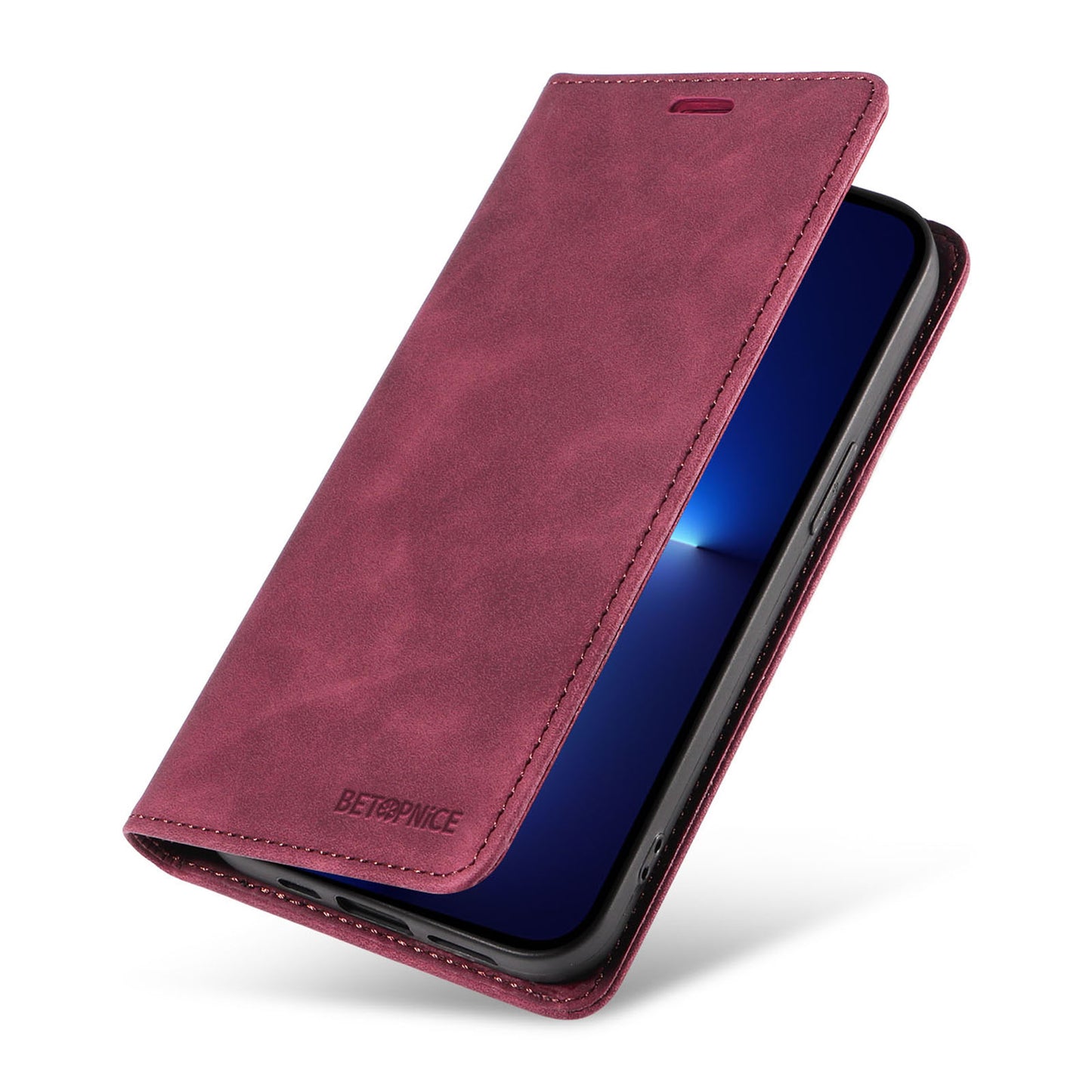 Uniqkart 003 For iPhone 12 Pro Max 6.7 inch Anti-scratch Phone Cover Wallet Leather Stand RFID Blocking Case - Red