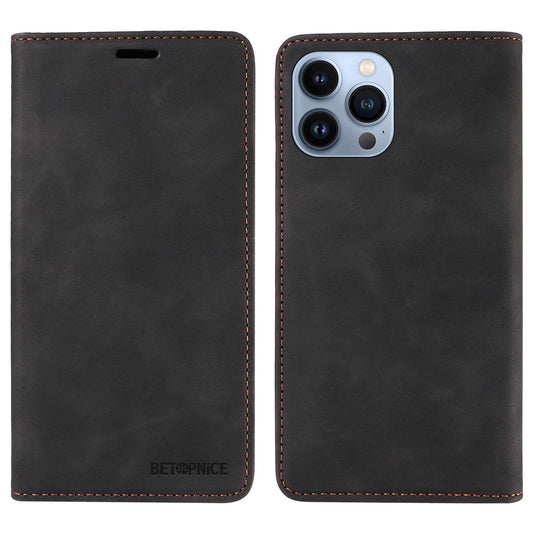 Uniqkart 003 For iPhone 12 Pro Max 6.7 inch Anti-scratch Phone Cover Wallet Leather Stand RFID Blocking Case - Black