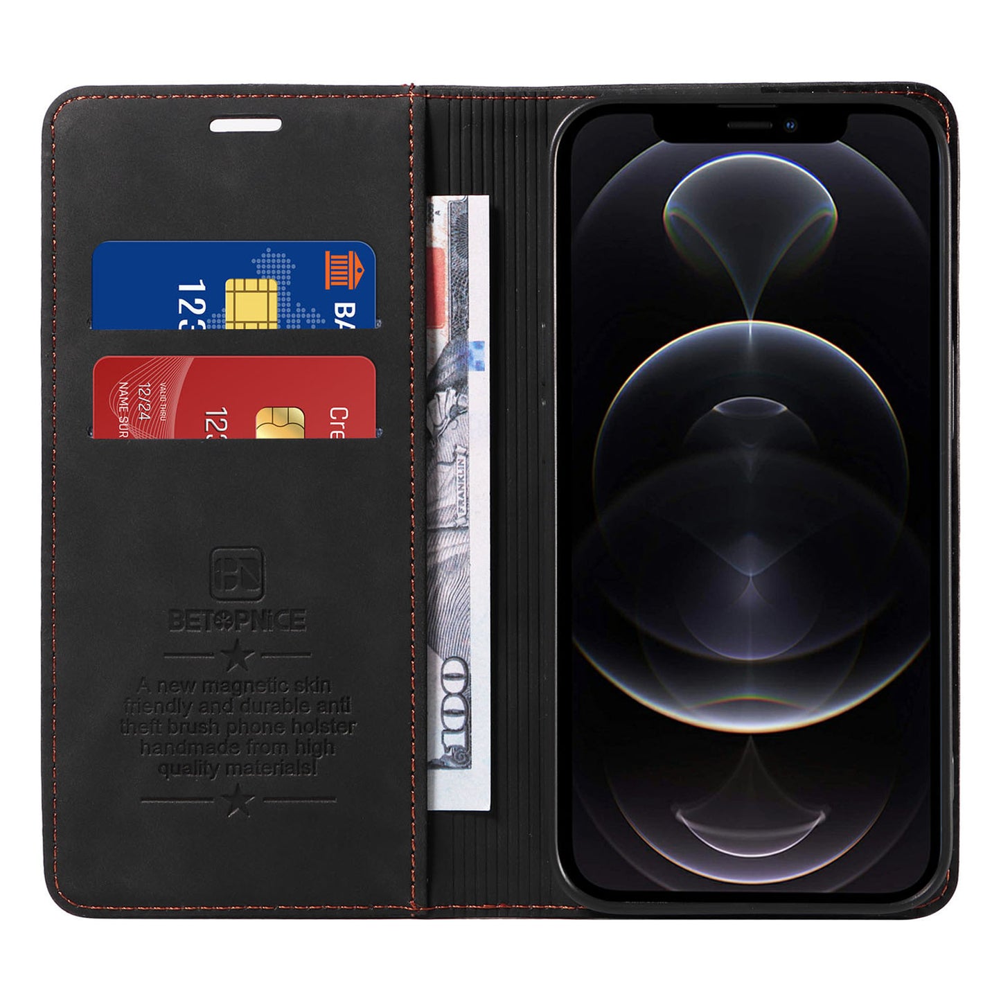 Uniqkart 003 For iPhone 12 Pro Max 6.7 inch Anti-scratch Phone Cover Wallet Leather Stand RFID Blocking Case - Black