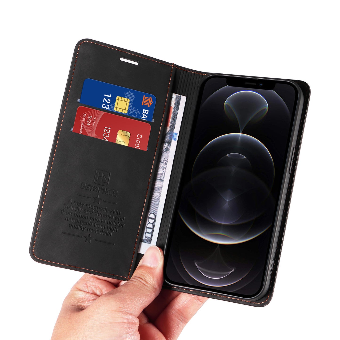 Uniqkart 003 For iPhone 12 Pro Max 6.7 inch Anti-scratch Phone Cover Wallet Leather Stand RFID Blocking Case - Black