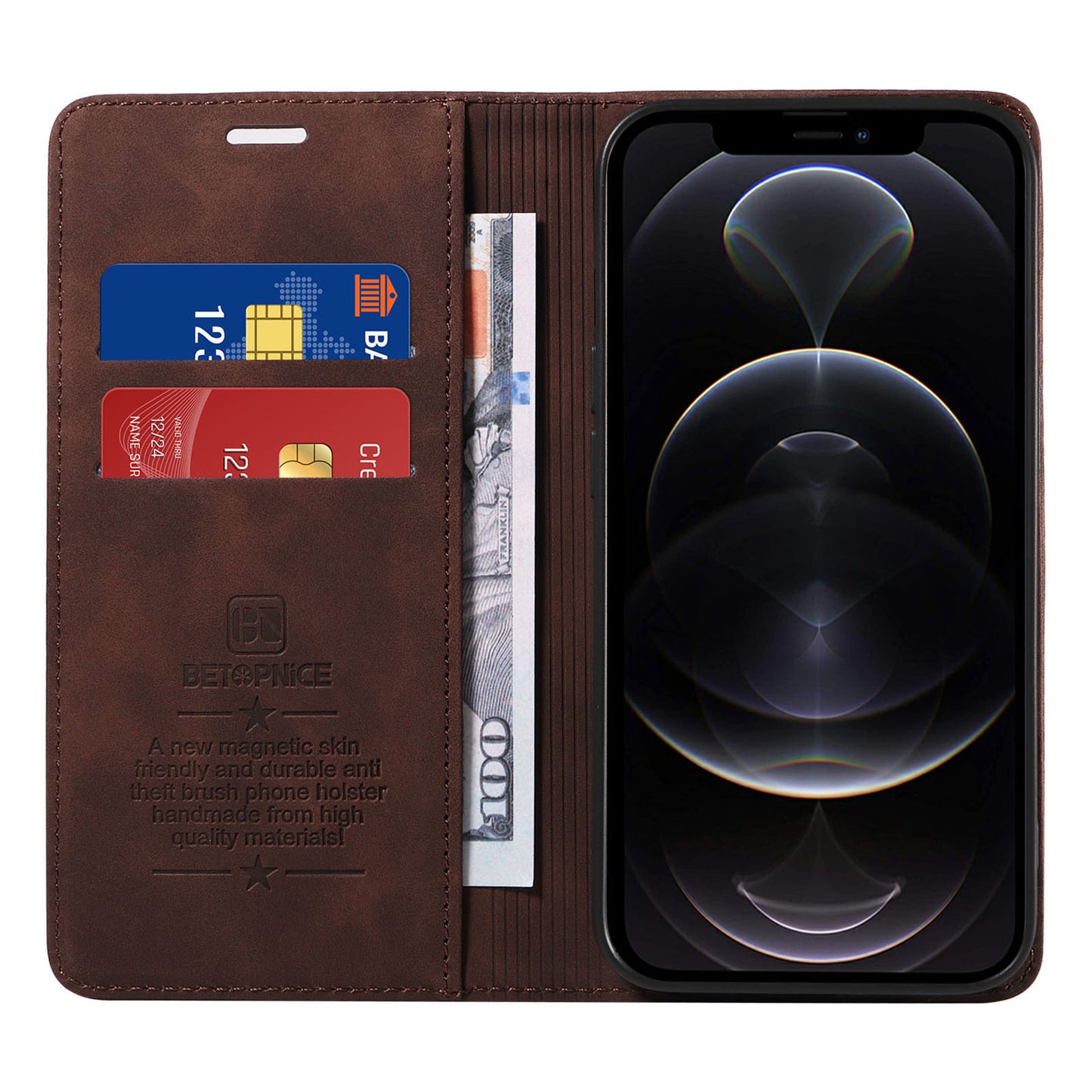 Uniqkart 003 For iPhone 12 Pro Max 6.7 inch Anti-scratch Phone Cover Wallet Leather Stand RFID Blocking Case - Brown