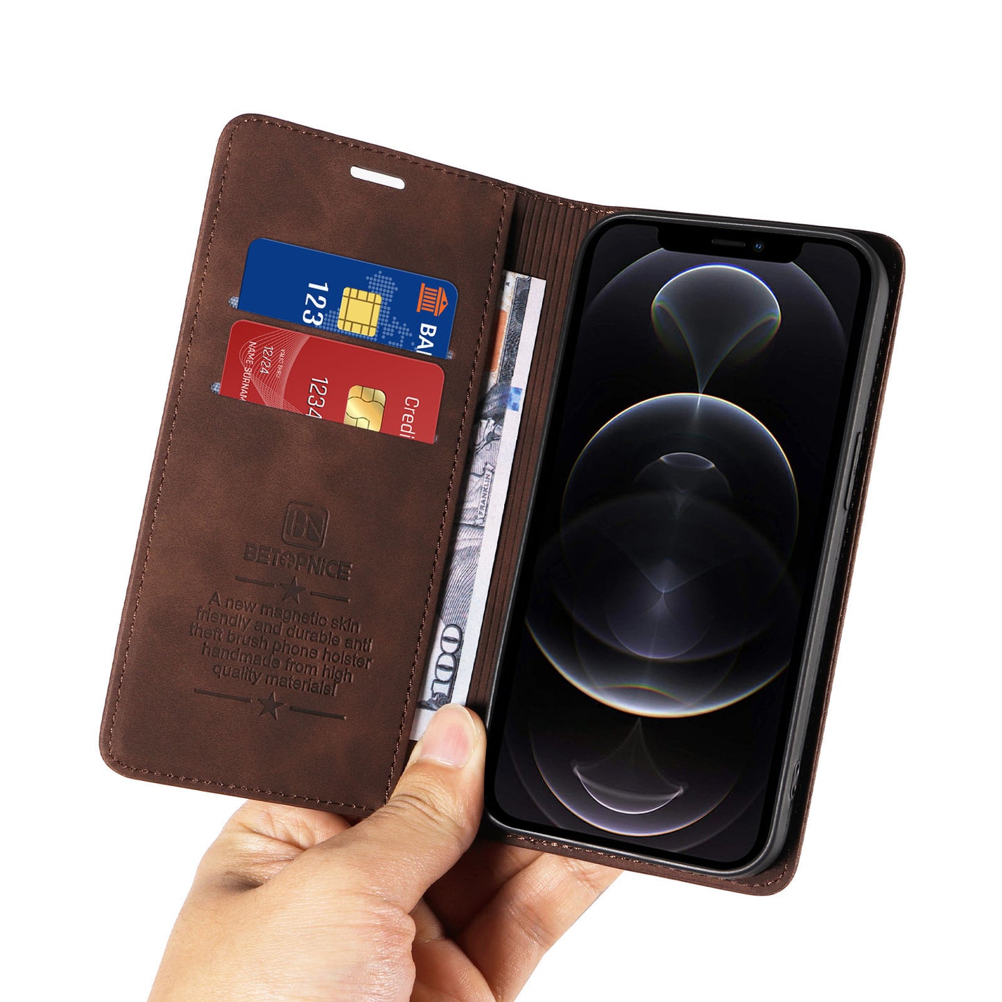 Uniqkart 003 For iPhone 12 Pro Max 6.7 inch Anti-scratch Phone Cover Wallet Leather Stand RFID Blocking Case - Brown