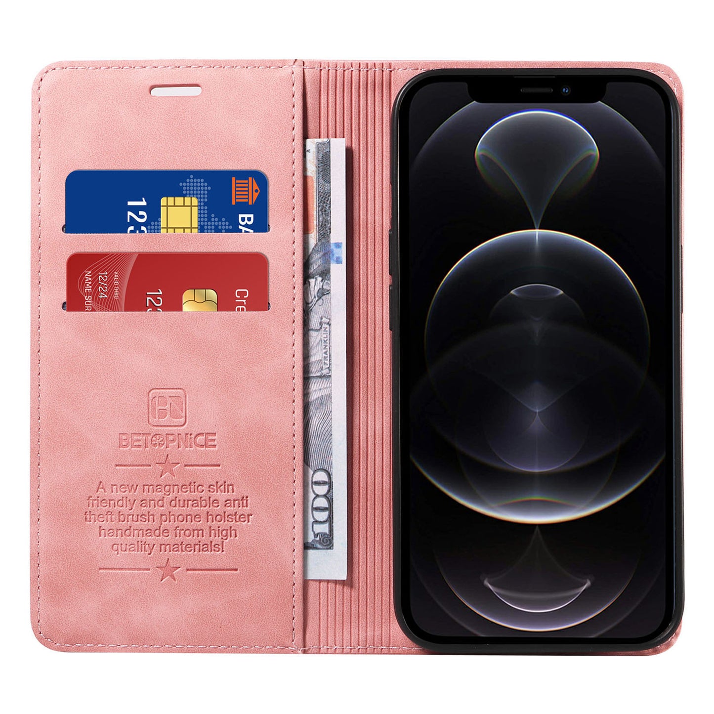 Uniqkart 003 For iPhone 12 Pro Max 6.7 inch Anti-scratch Phone Cover Wallet Leather Stand RFID Blocking Case - Pink