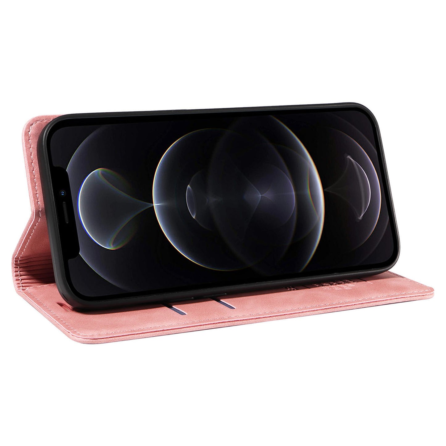 Uniqkart 003 For iPhone 12 Pro Max 6.7 inch Anti-scratch Phone Cover Wallet Leather Stand RFID Blocking Case - Pink