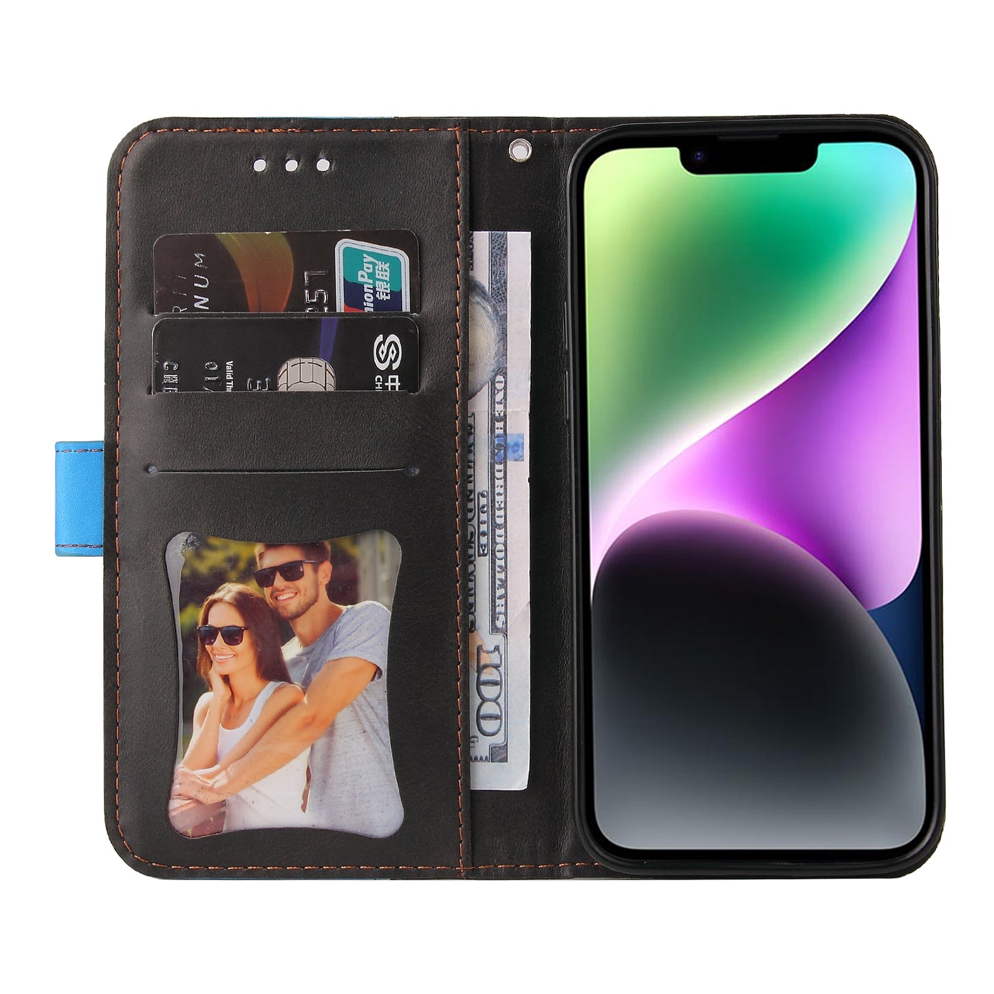 Phone Wallet Cover for iPhone 15 Business Style PU Leather Dual-color Splicing Flip Stand Anti-drop Case - Blue