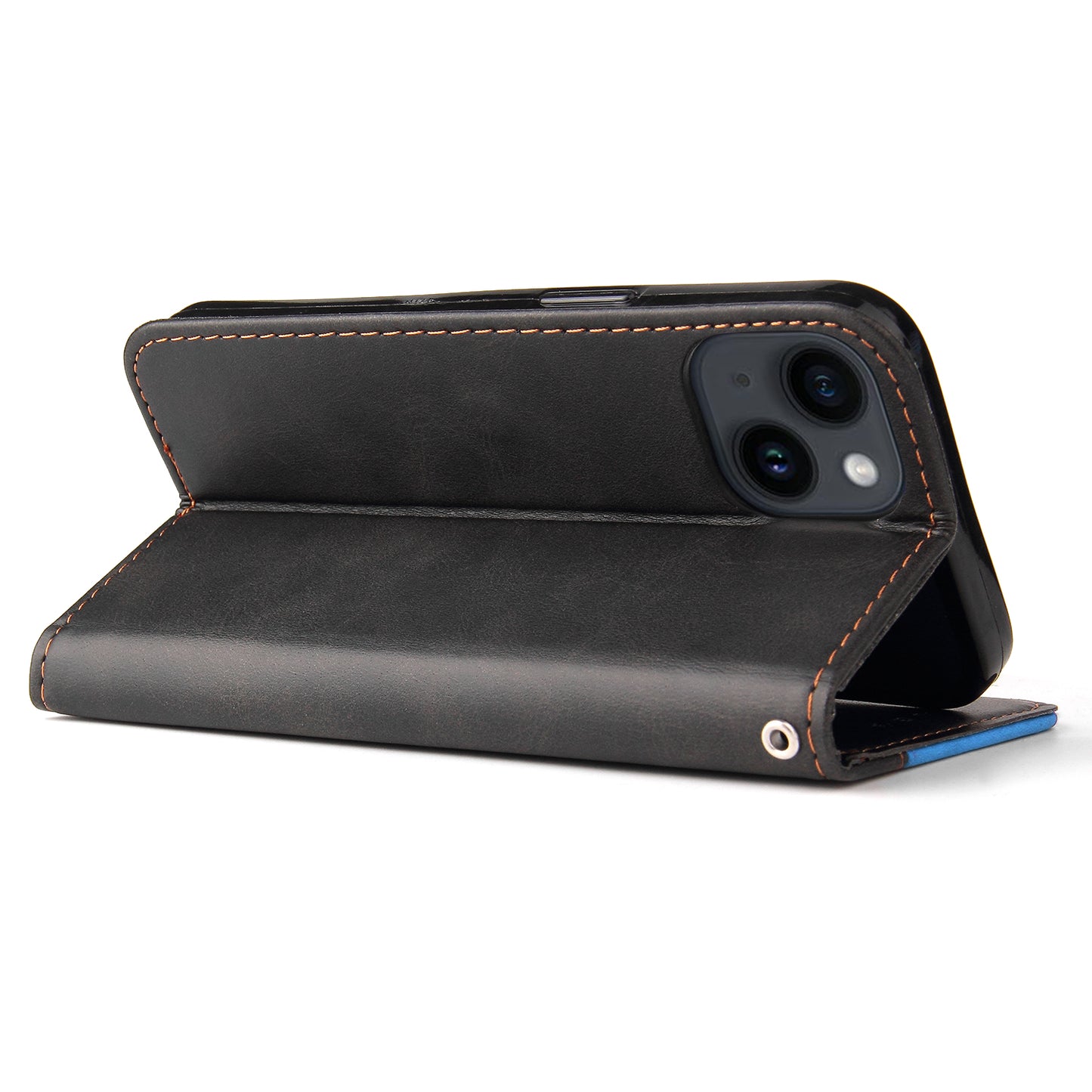Phone Wallet Cover for iPhone 15 Business Style PU Leather Dual-color Splicing Flip Stand Anti-drop Case - Blue