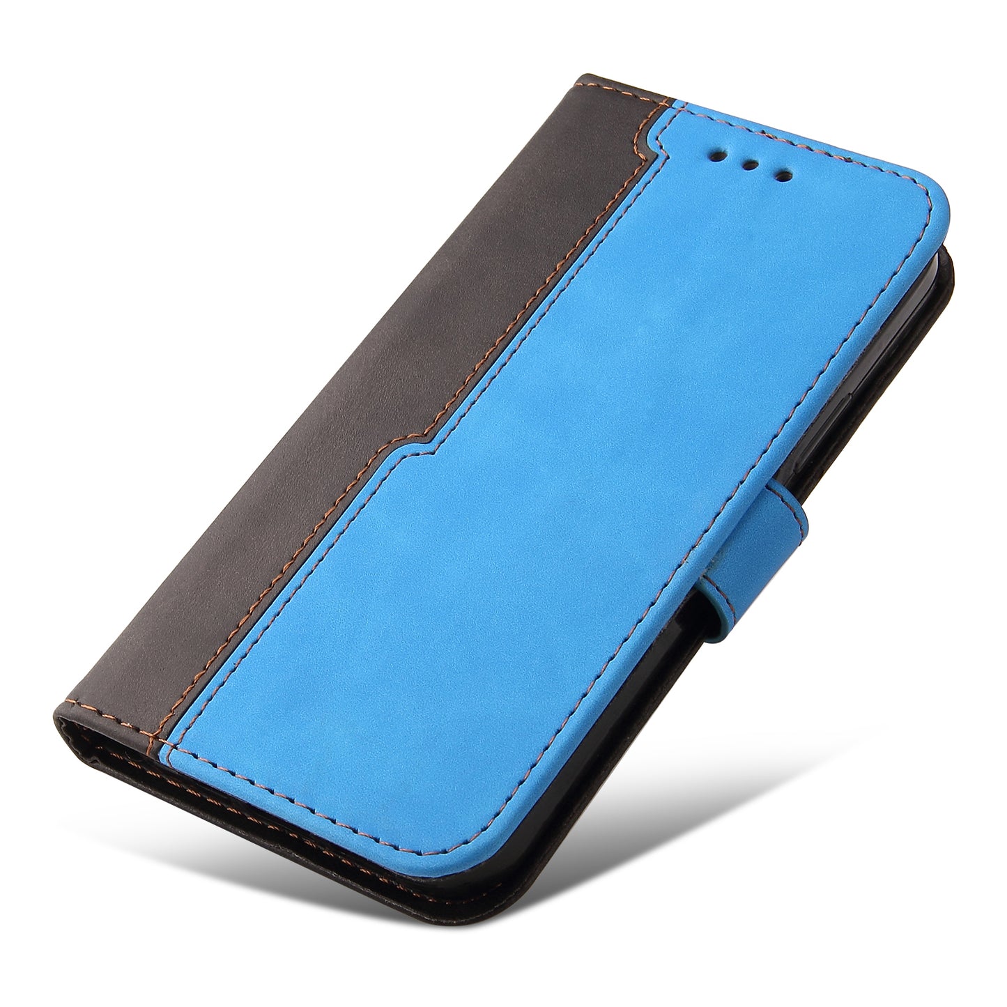 Phone Wallet Cover for iPhone 15 Business Style PU Leather Dual-color Splicing Flip Stand Anti-drop Case - Blue