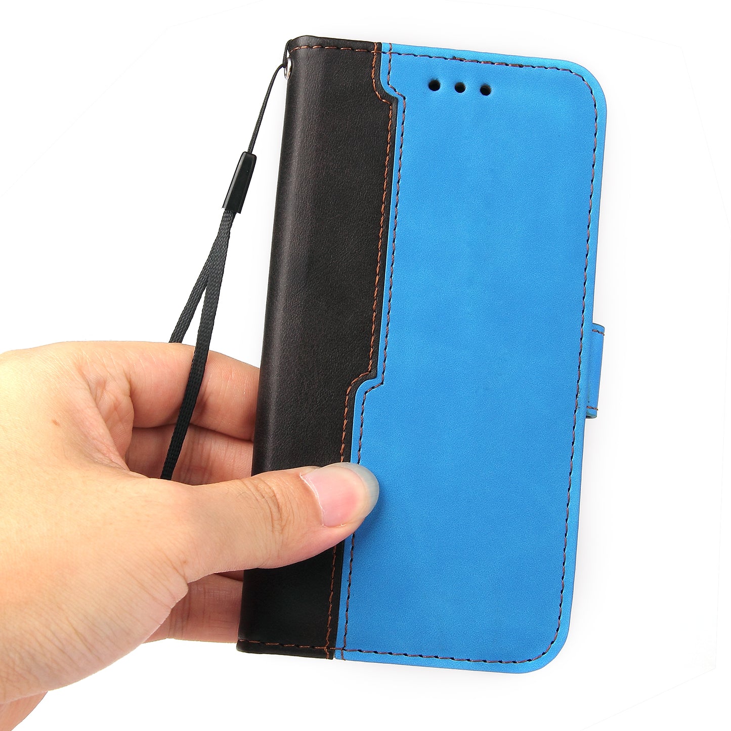 Phone Wallet Cover for iPhone 15 Business Style PU Leather Dual-color Splicing Flip Stand Anti-drop Case - Blue