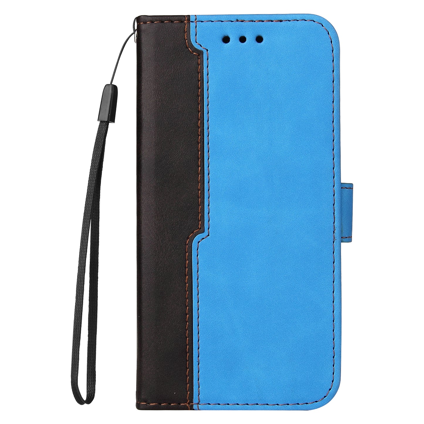 Phone Wallet Cover for iPhone 15 Business Style PU Leather Dual-color Splicing Flip Stand Anti-drop Case - Blue