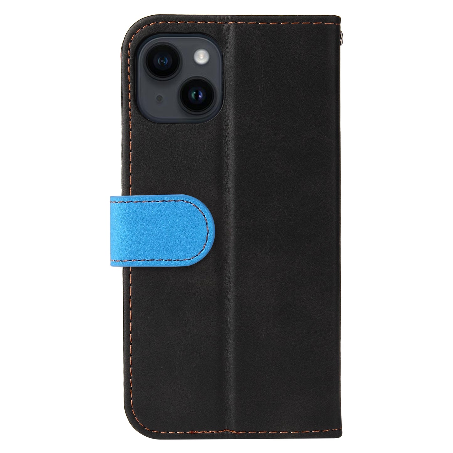 Phone Wallet Cover for iPhone 15 Business Style PU Leather Dual-color Splicing Flip Stand Anti-drop Case - Blue