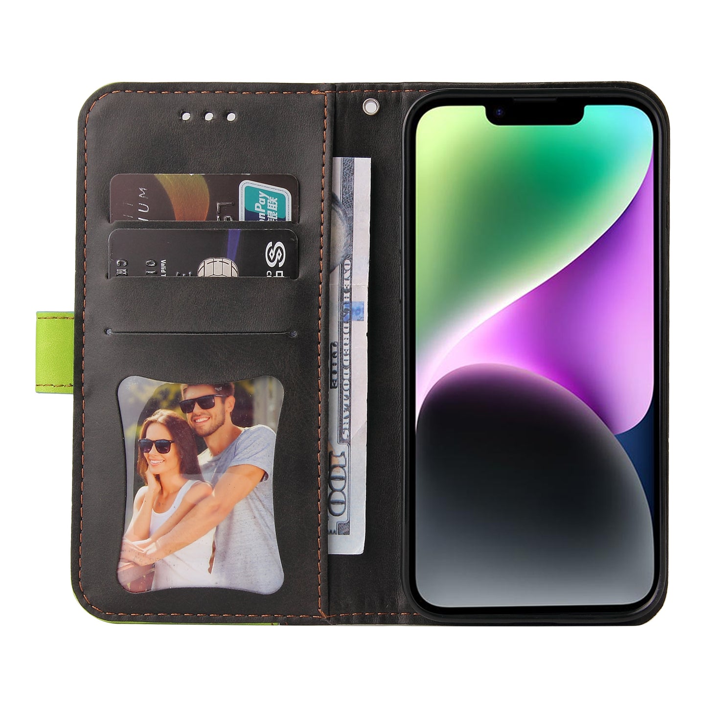 Phone Wallet Cover for iPhone 15 Business Style PU Leather Dual-color Splicing Flip Stand Anti-drop Case - Green