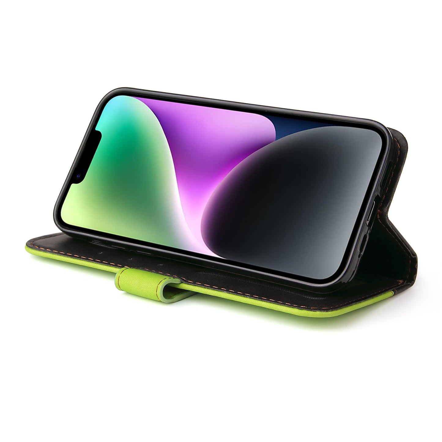 Phone Wallet Cover for iPhone 15 Business Style PU Leather Dual-color Splicing Flip Stand Anti-drop Case - Green