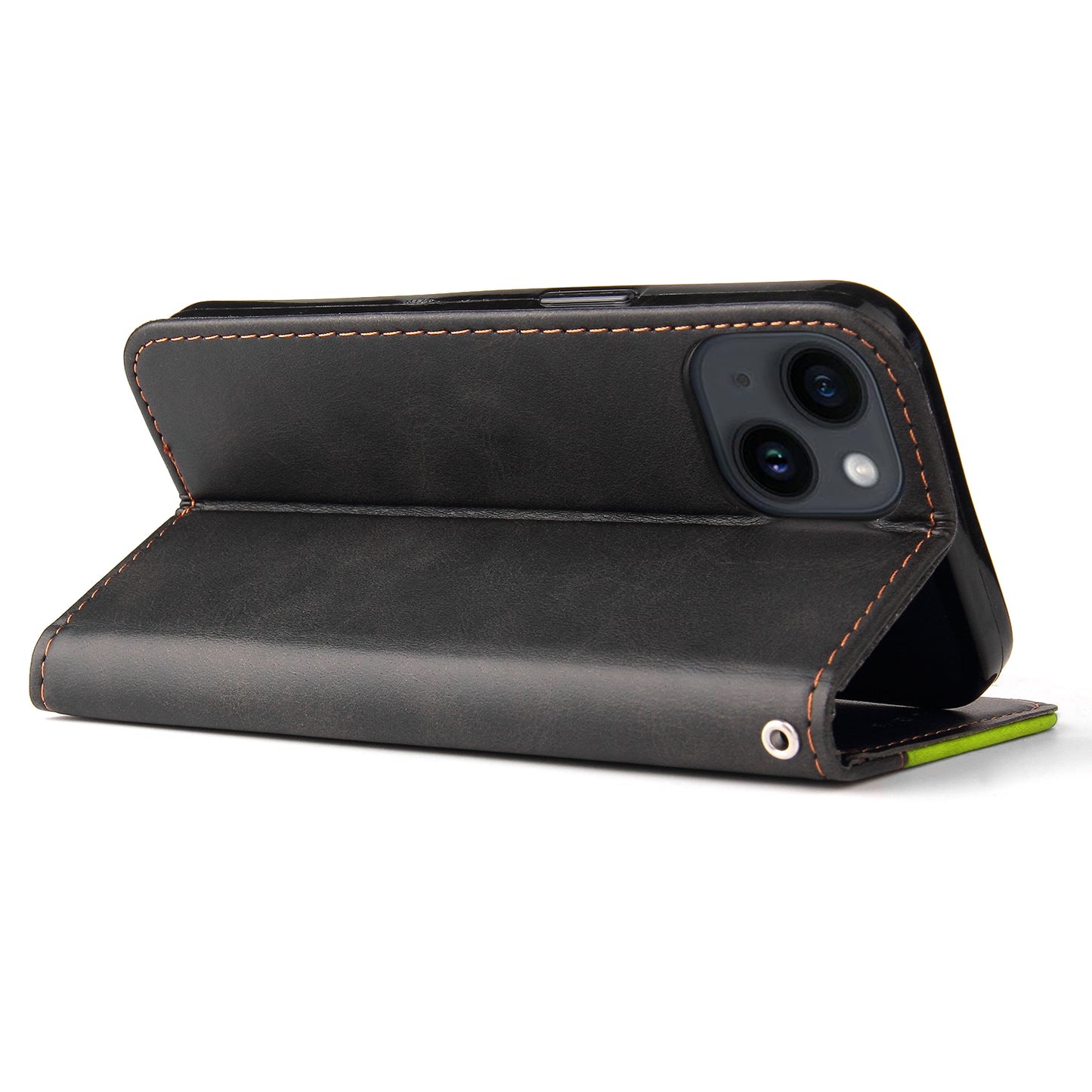 Phone Wallet Cover for iPhone 15 Business Style PU Leather Dual-color Splicing Flip Stand Anti-drop Case - Green