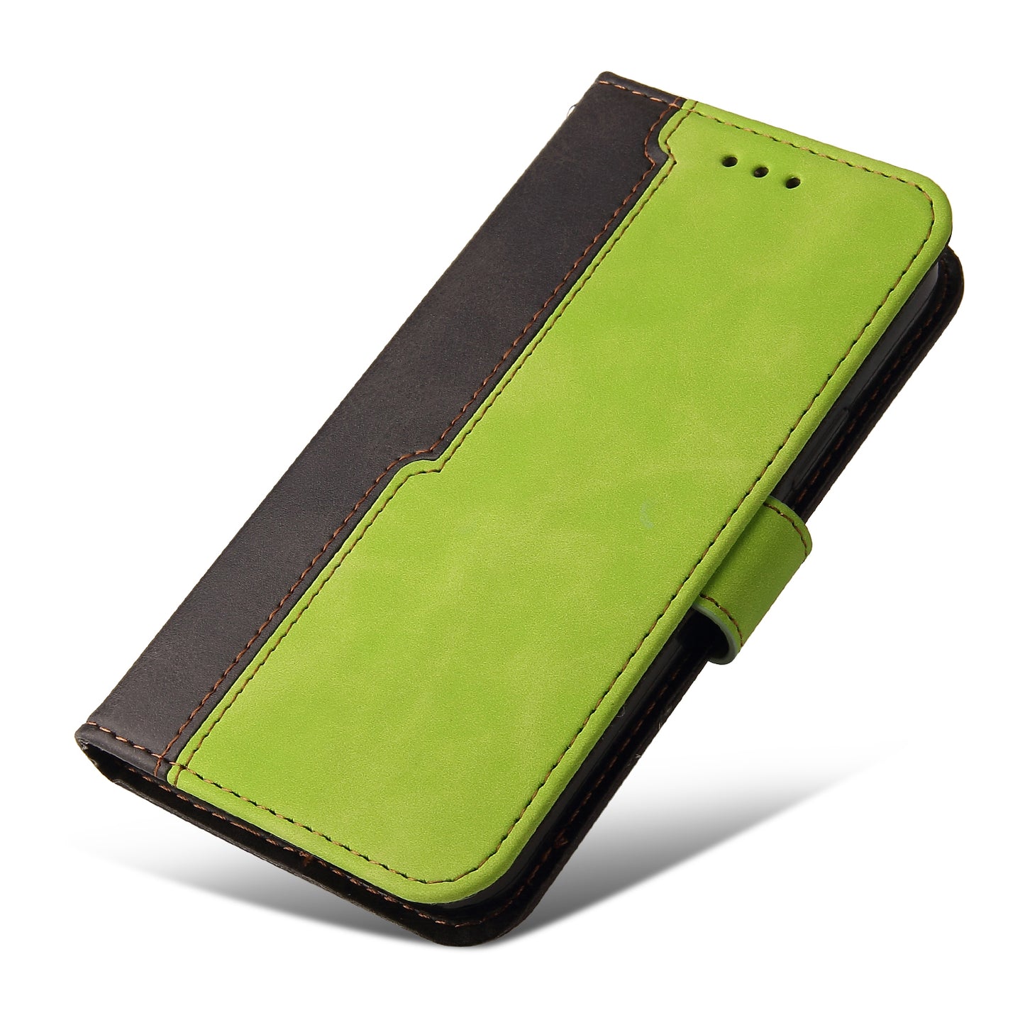 Phone Wallet Cover for iPhone 15 Business Style PU Leather Dual-color Splicing Flip Stand Anti-drop Case - Green