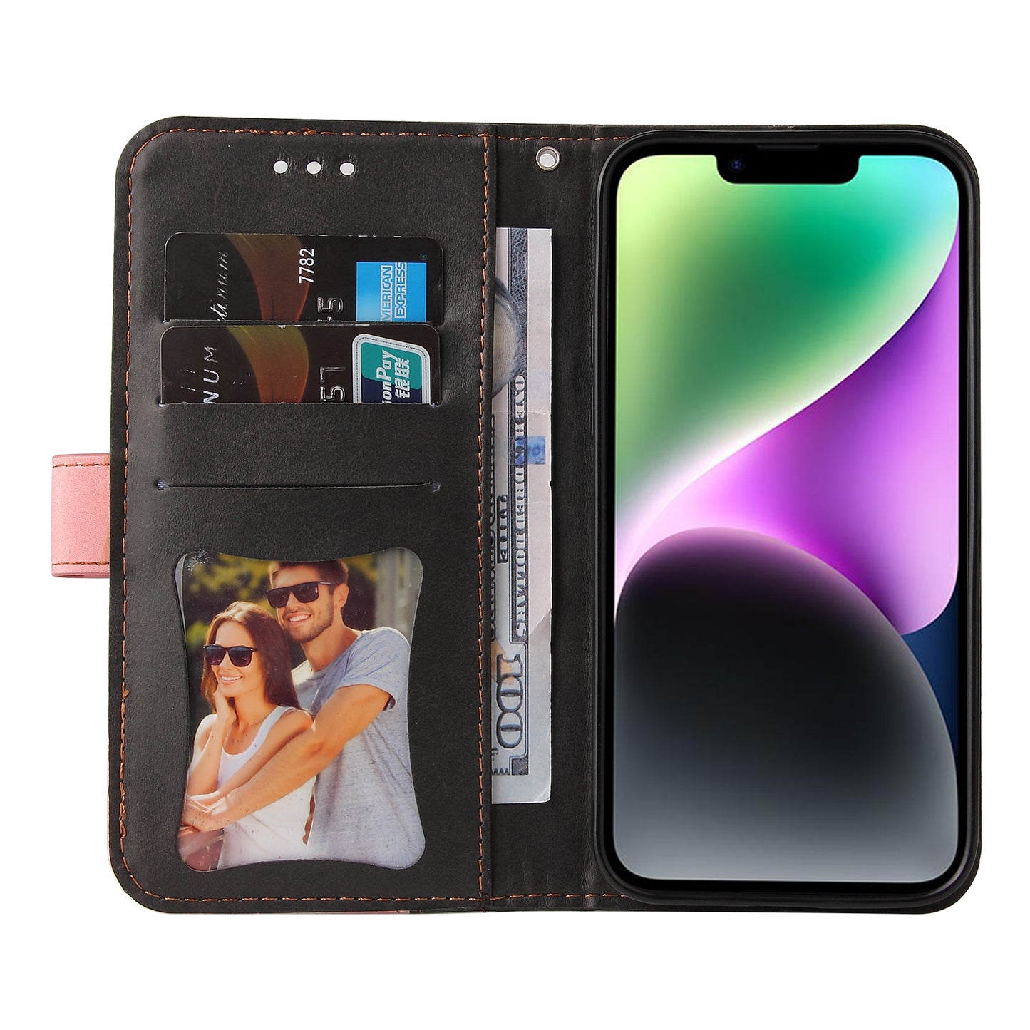 Phone Wallet Cover for iPhone 15 Business Style PU Leather Dual-color Splicing Flip Stand Anti-drop Case - Pink