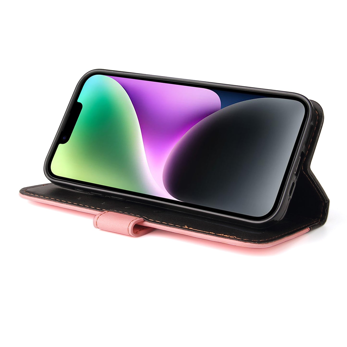 Phone Wallet Cover for iPhone 15 Business Style PU Leather Dual-color Splicing Flip Stand Anti-drop Case - Pink