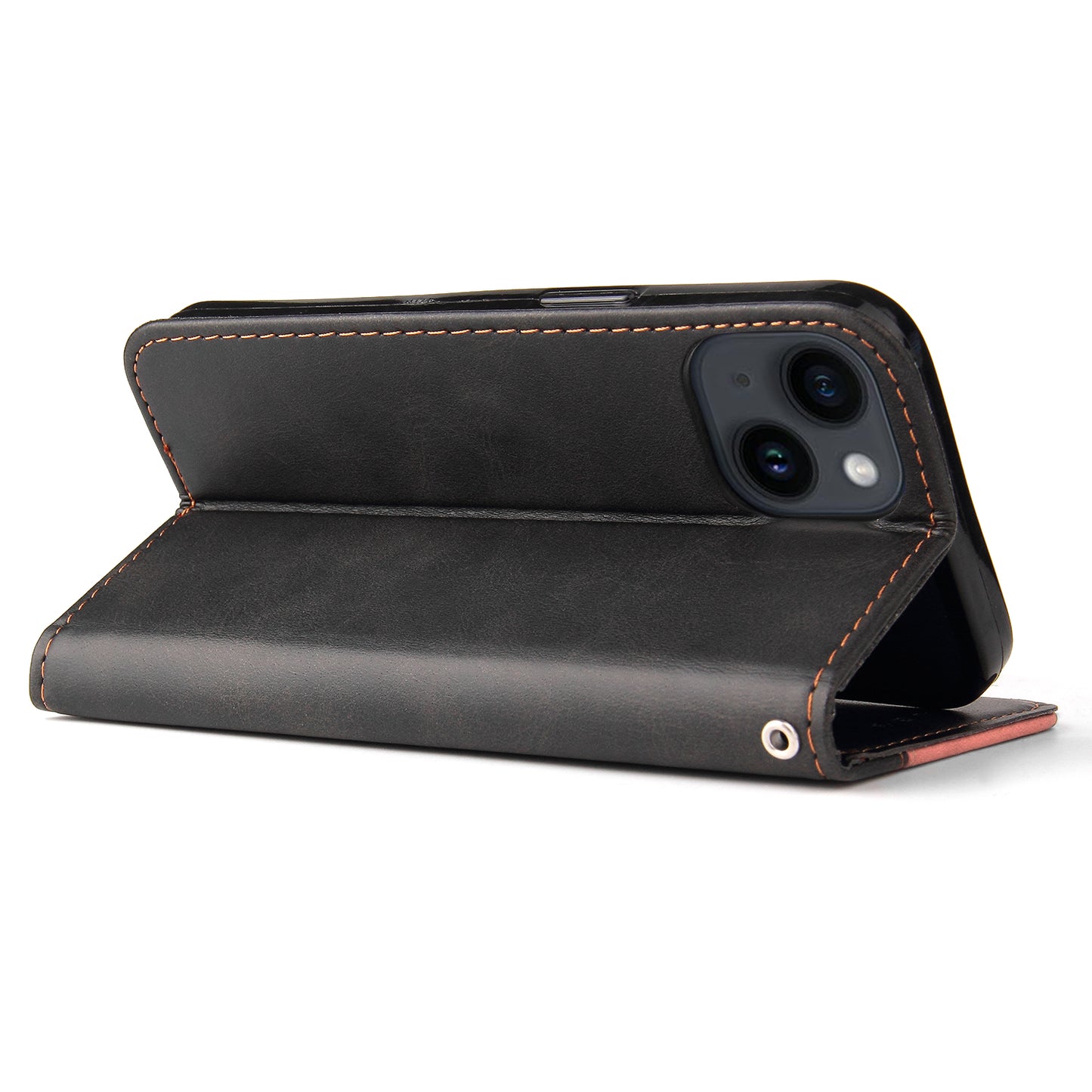 Phone Wallet Cover for iPhone 15 Business Style PU Leather Dual-color Splicing Flip Stand Anti-drop Case - Pink