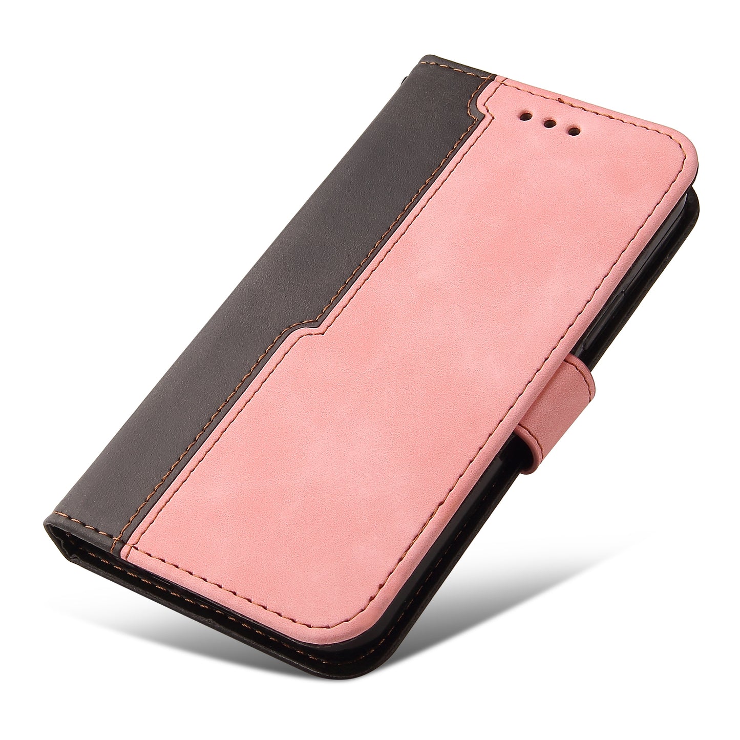 Phone Wallet Cover for iPhone 15 Business Style PU Leather Dual-color Splicing Flip Stand Anti-drop Case - Pink