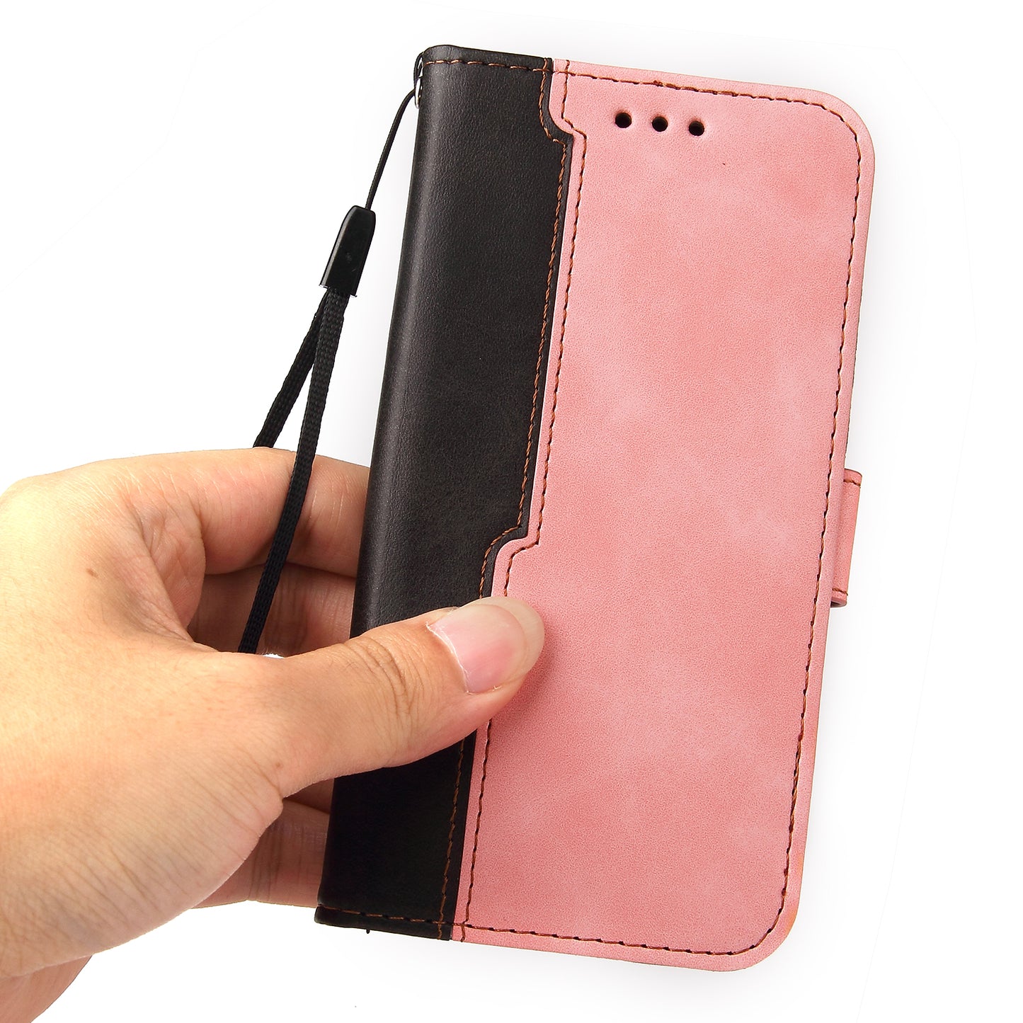 Phone Wallet Cover for iPhone 15 Business Style PU Leather Dual-color Splicing Flip Stand Anti-drop Case - Pink