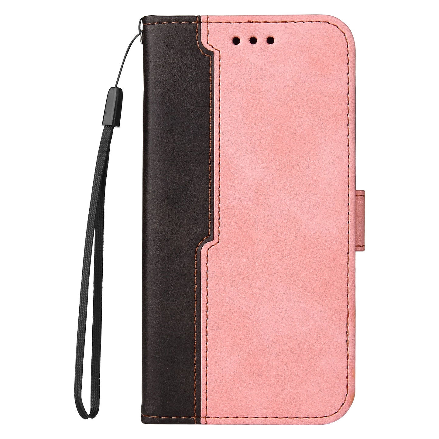 Phone Wallet Cover for iPhone 15 Business Style PU Leather Dual-color Splicing Flip Stand Anti-drop Case - Pink