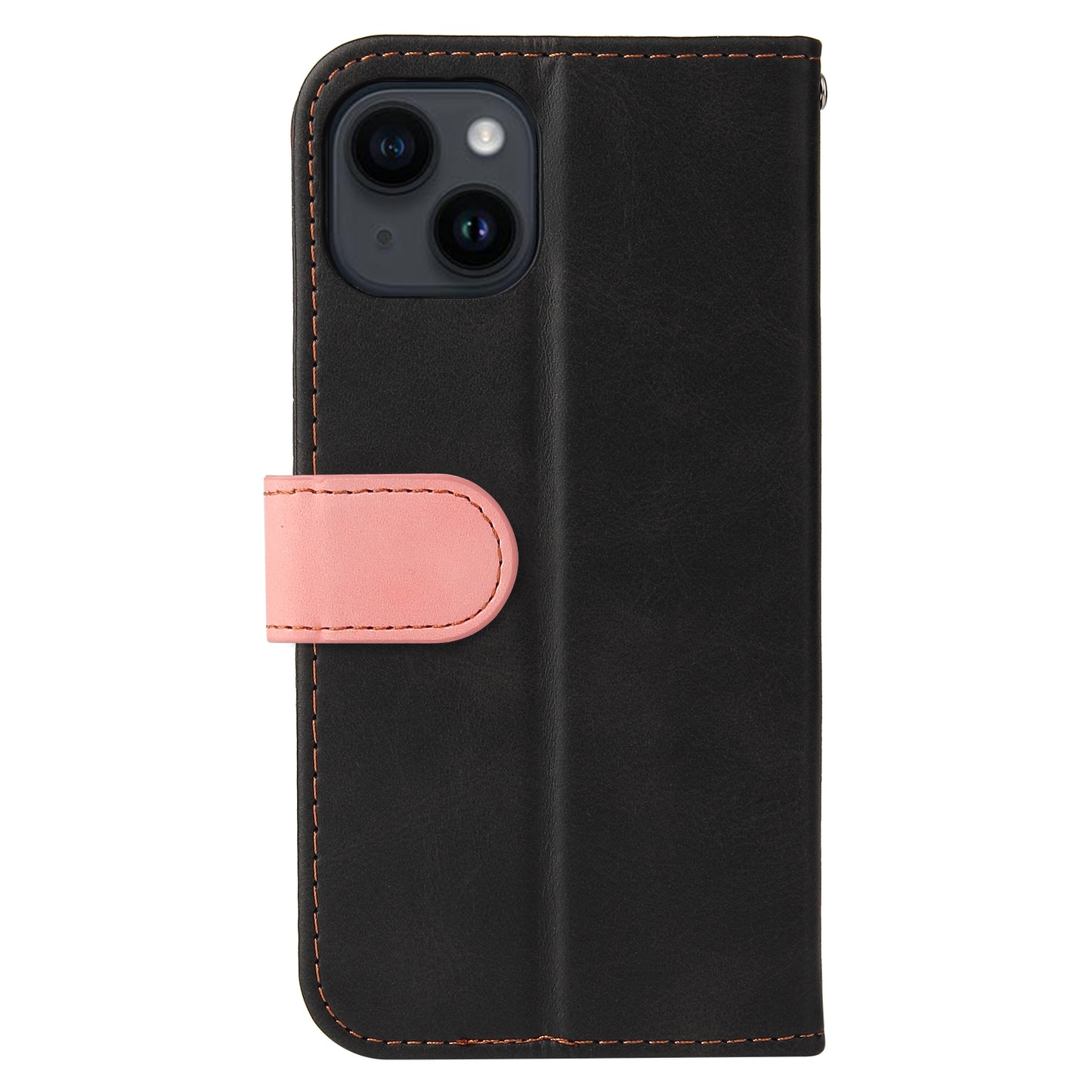 Phone Wallet Cover for iPhone 15 Business Style PU Leather Dual-color Splicing Flip Stand Anti-drop Case - Pink