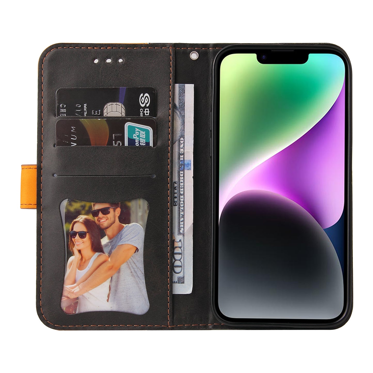 Phone Wallet Cover for iPhone 15 Business Style PU Leather Dual-color Splicing Flip Stand Anti-drop Case - Orange